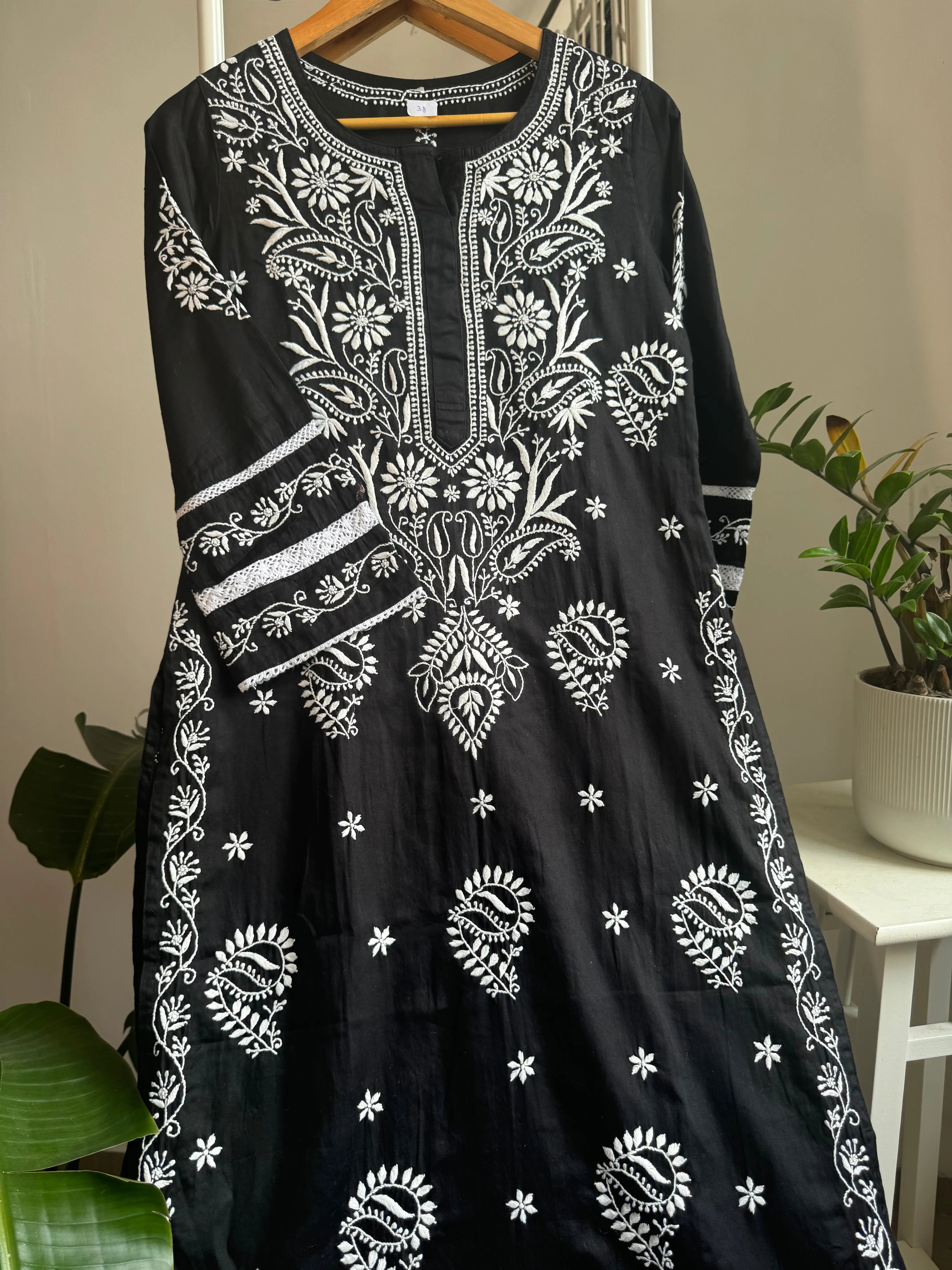 Cotton Chikankari Kurti - Black ARIAA CHIKANKARI