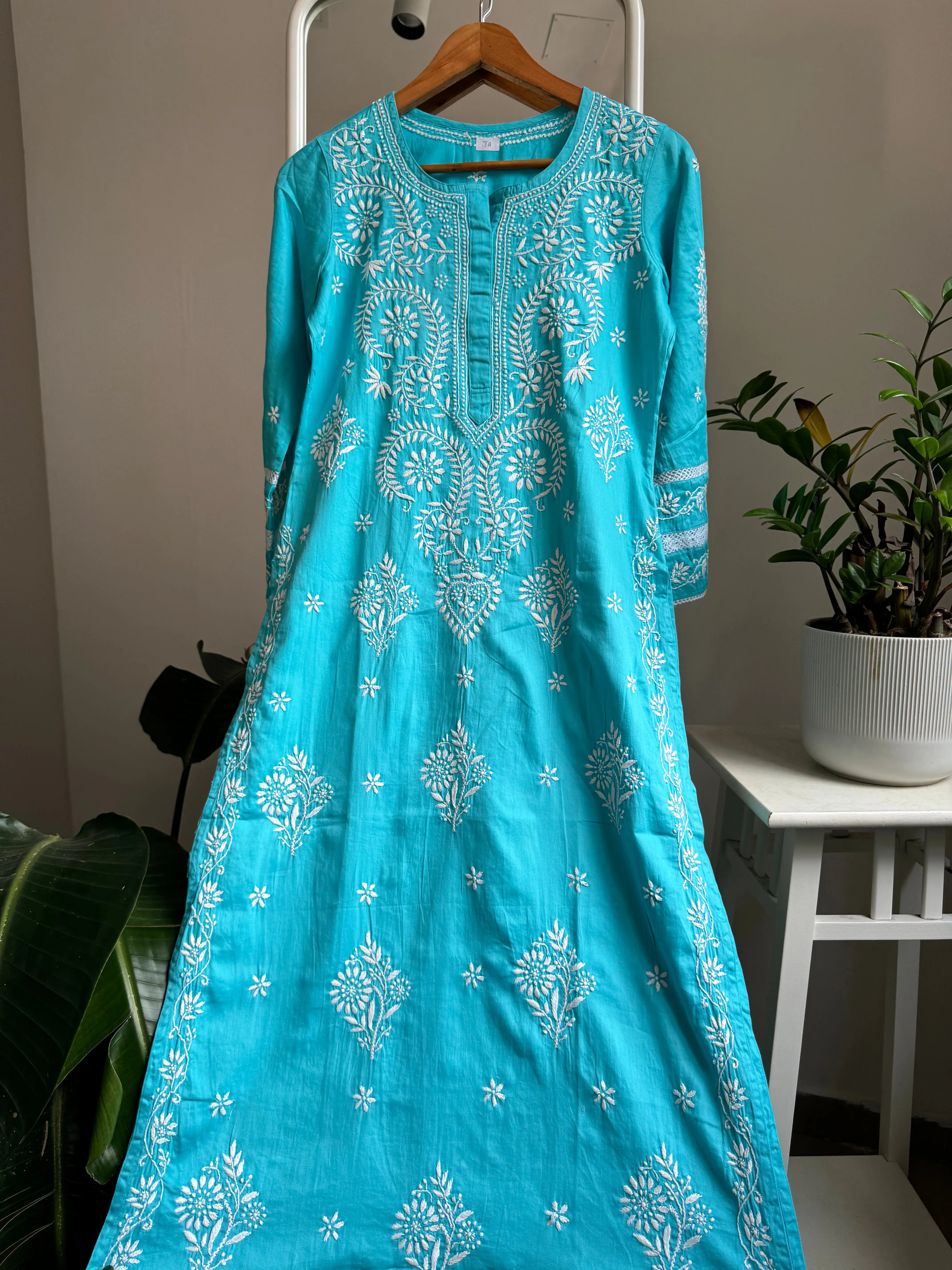 Cotton Chikankari Kurti - Firozi Blue ARIAA CHIKANKARI
