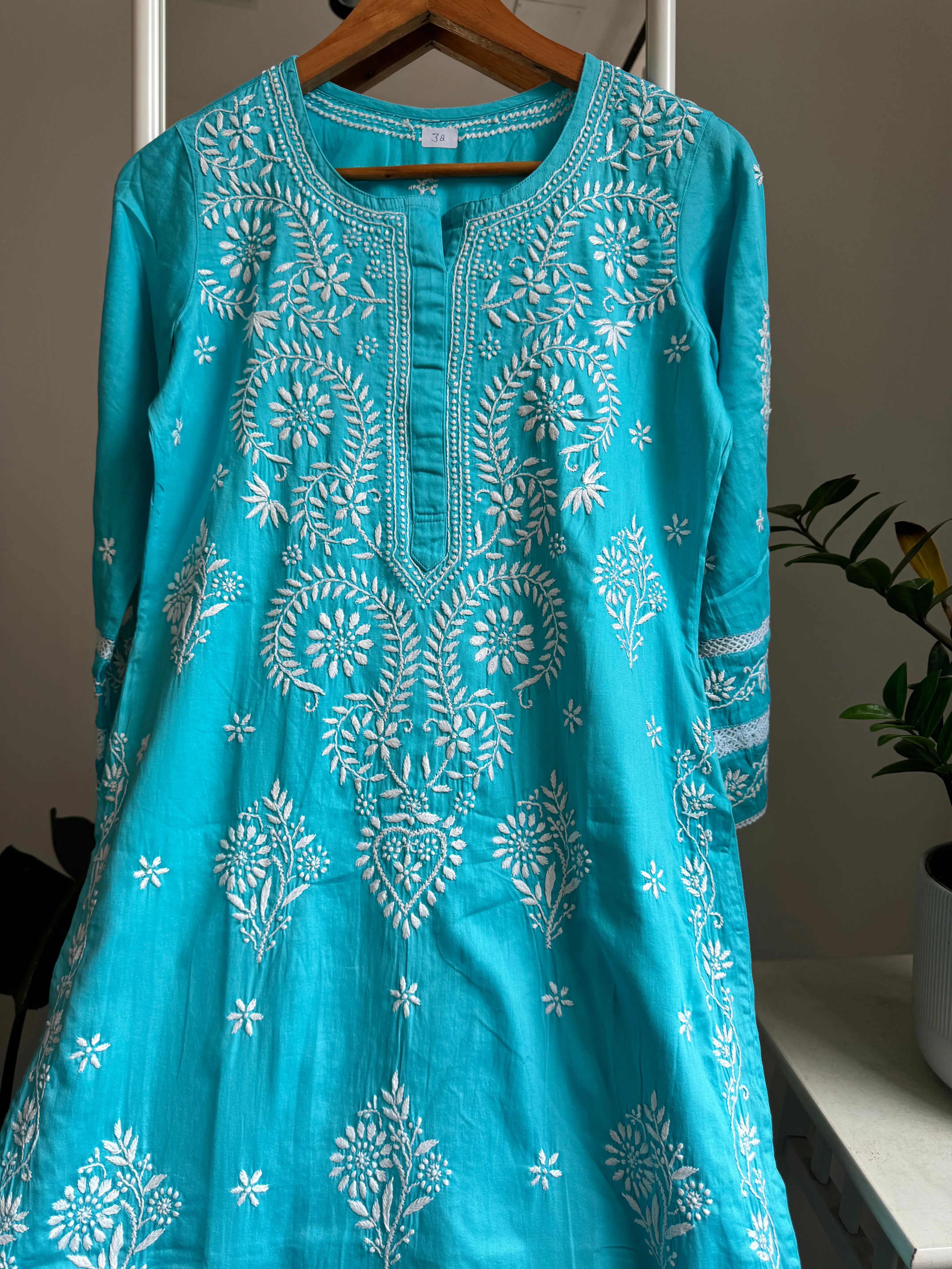 Cotton Chikankari Kurti - Firozi Blue ARIAA CHIKANKARI