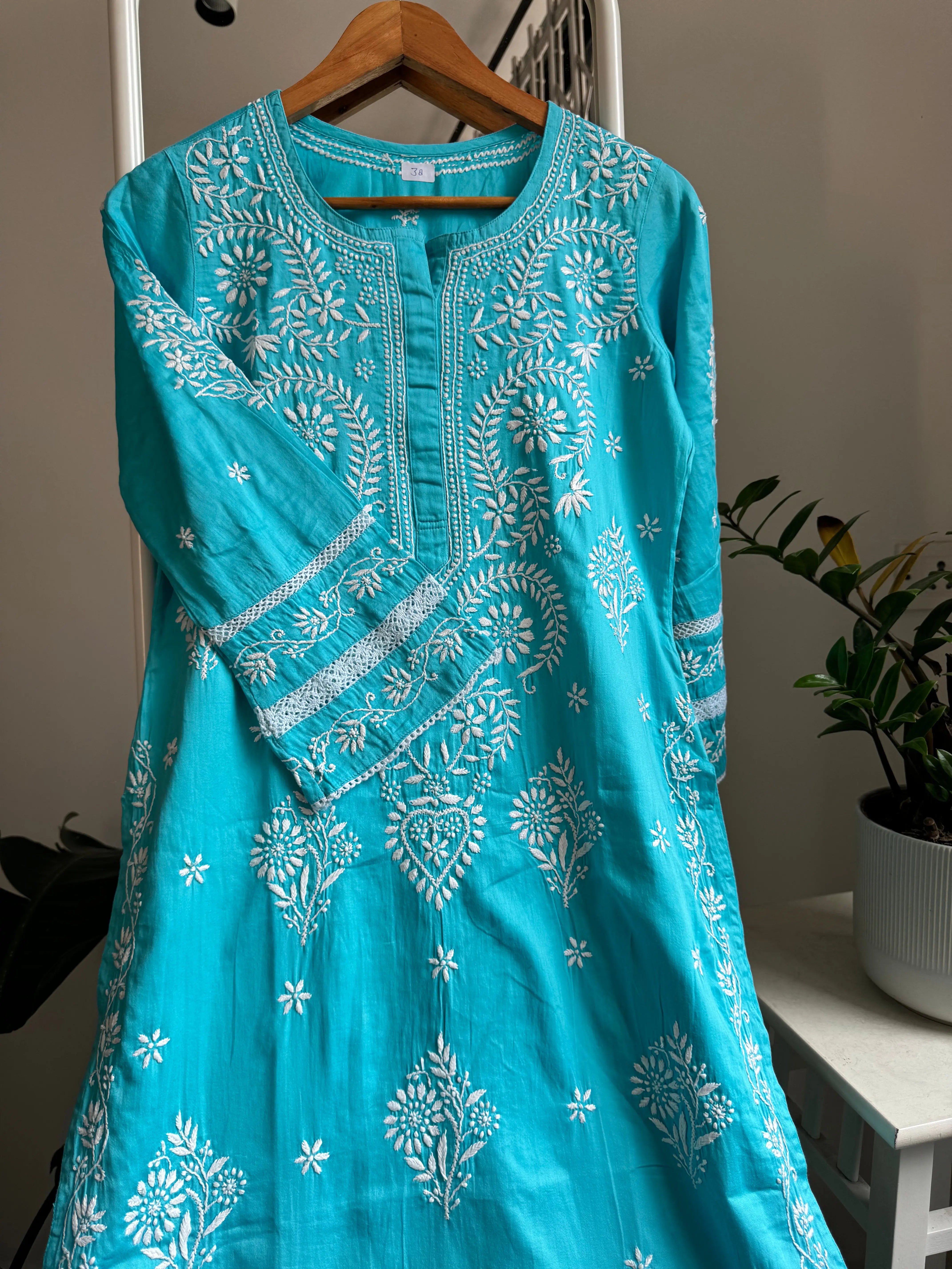 Cotton Chikankari Kurti - Firozi Blue ARIAA CHIKANKARI