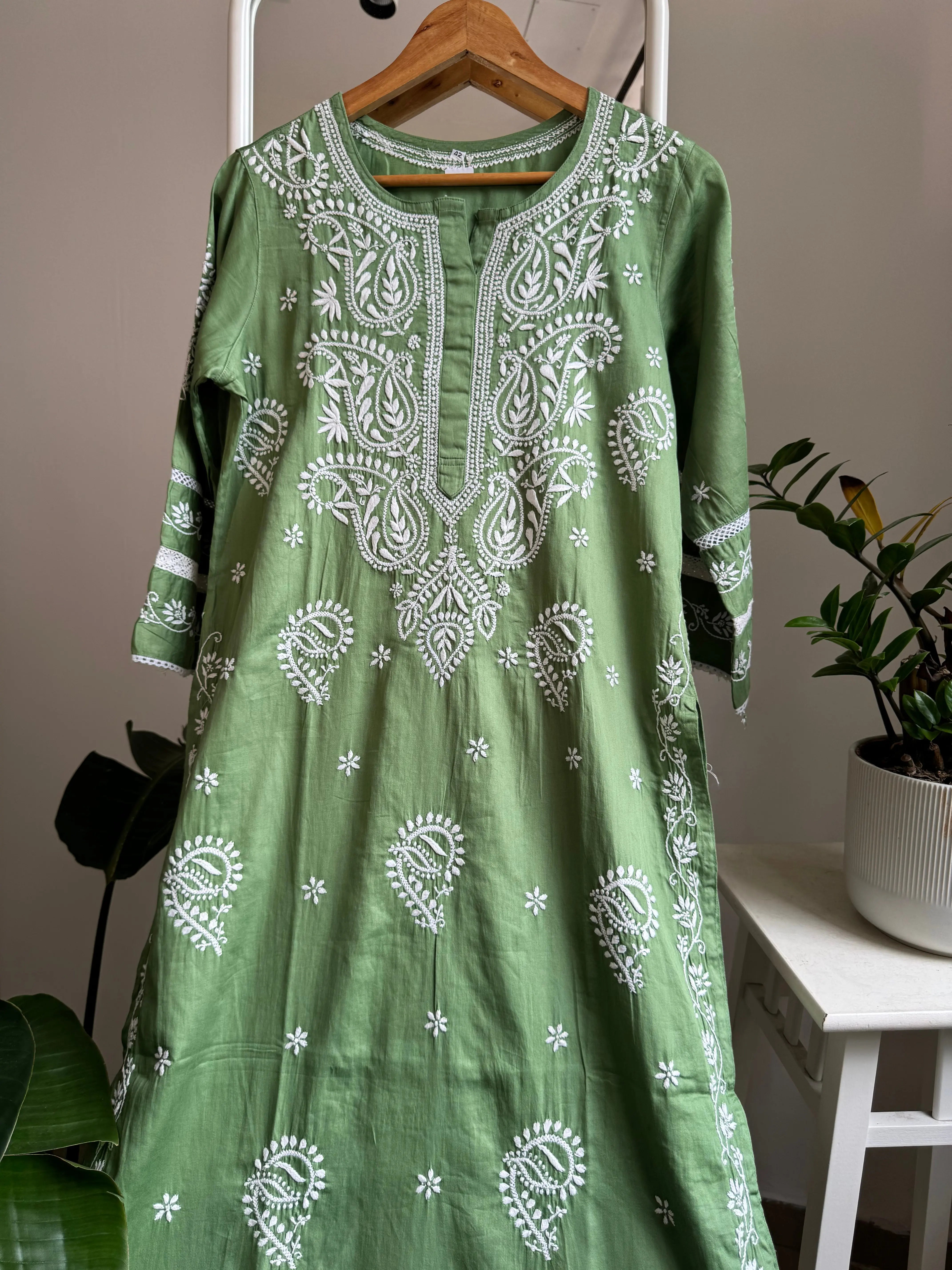 Cotton Chikankari Kurti - Green ARIAA CHIKANKARI