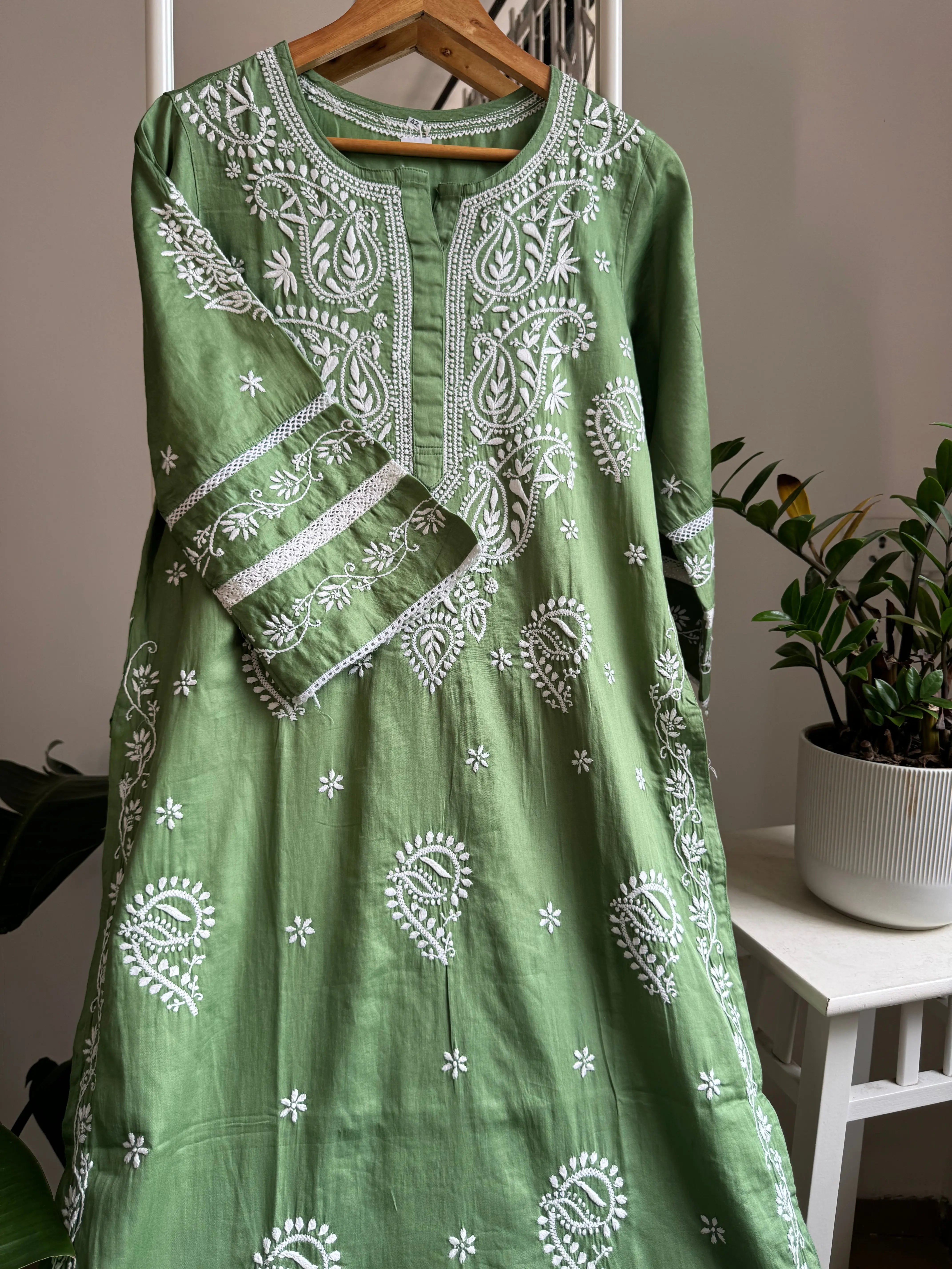 Cotton Chikankari Kurti - Green ARIAA CHIKANKARI