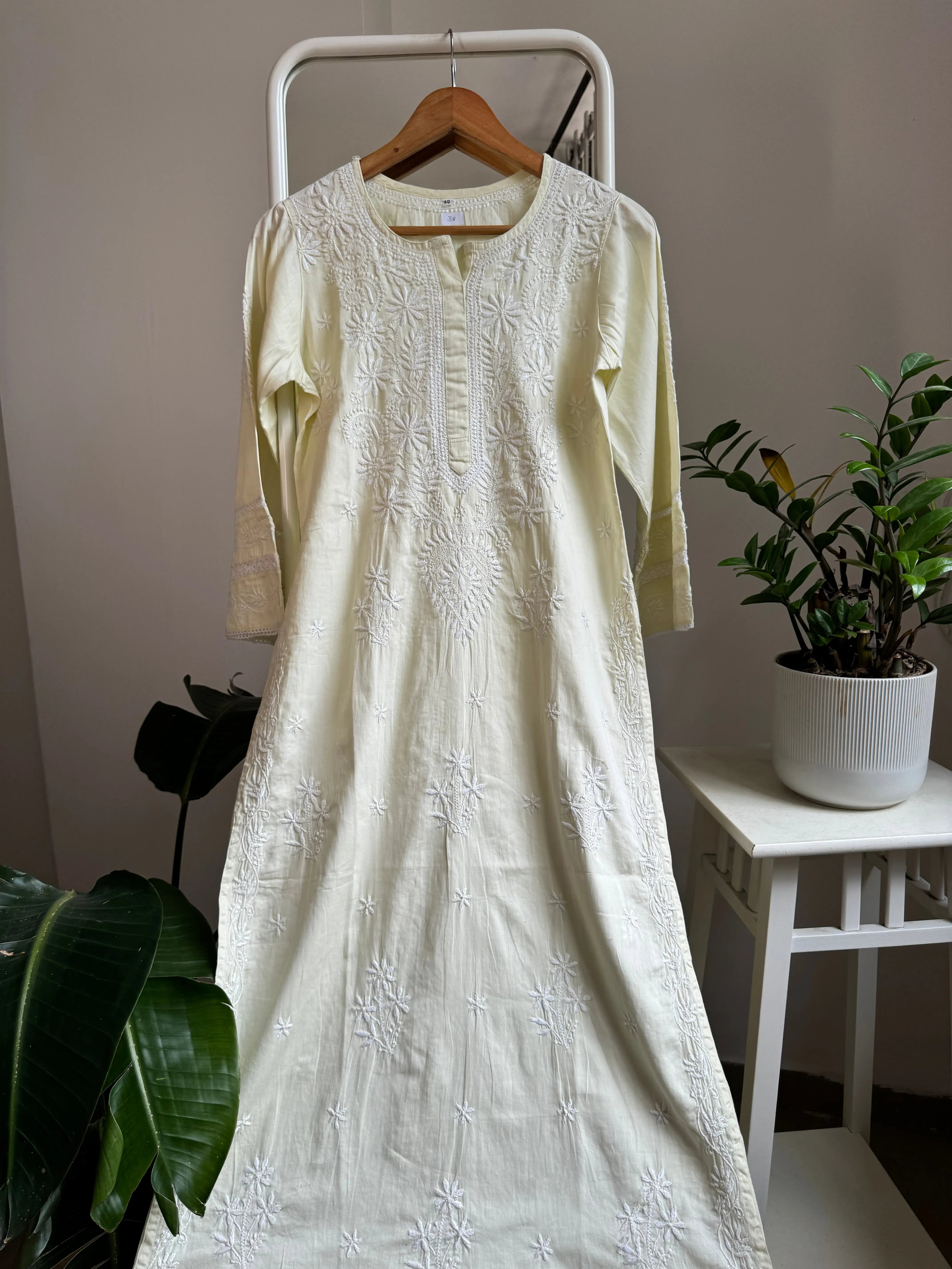 Cotton Chikankari Kurti - Light Yellow ARIAA CHIKANKARI