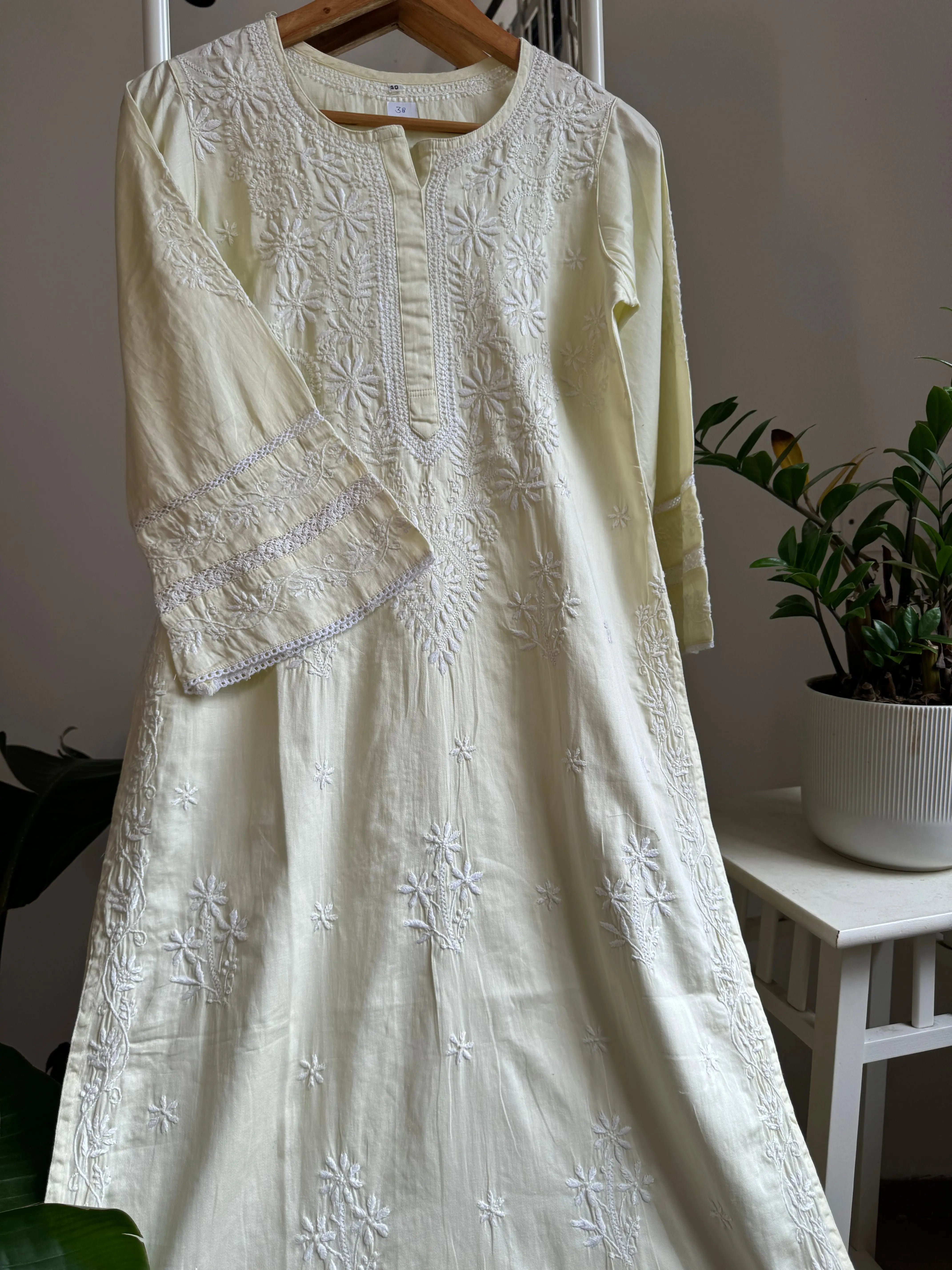 Cotton Chikankari Kurti - Light Yellow ARIAA CHIKANKARI