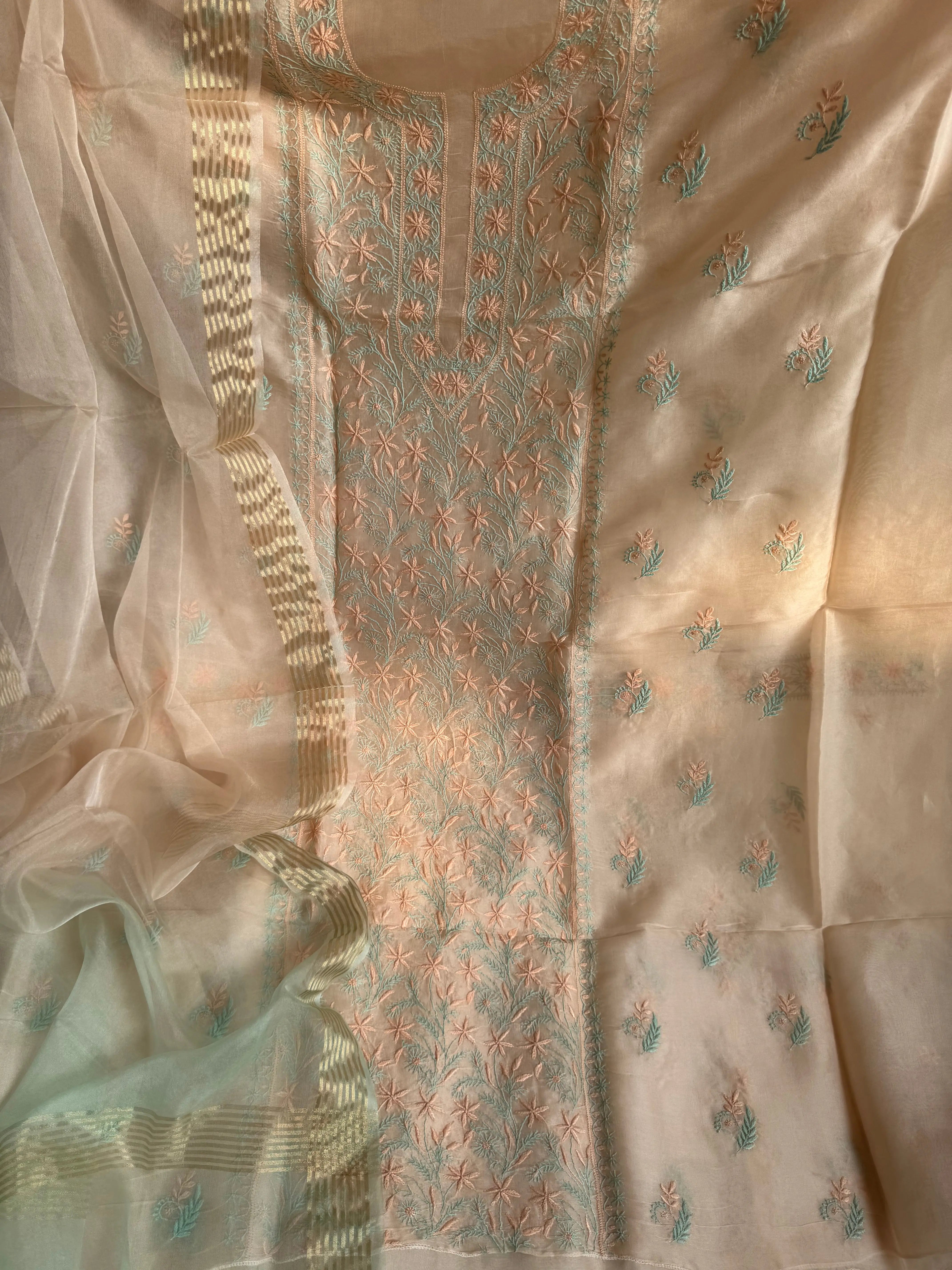 Organza Chikankari Length with Dupatta -Light Peach Pink ARIAA CHIKANKARI