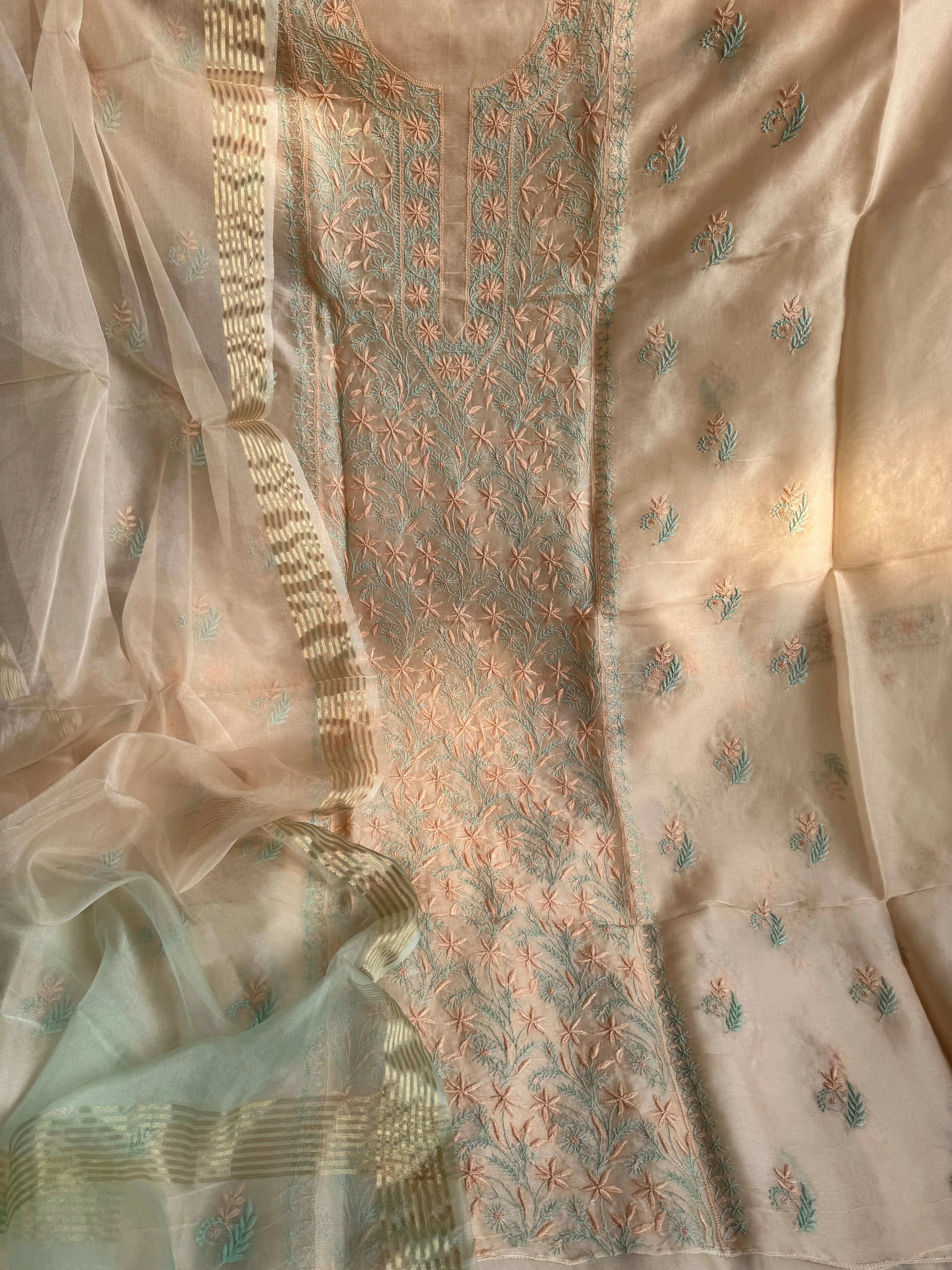 Organza Chikankari Length with Dupatta -Light Peach Pink ARIAA CHIKANKARI