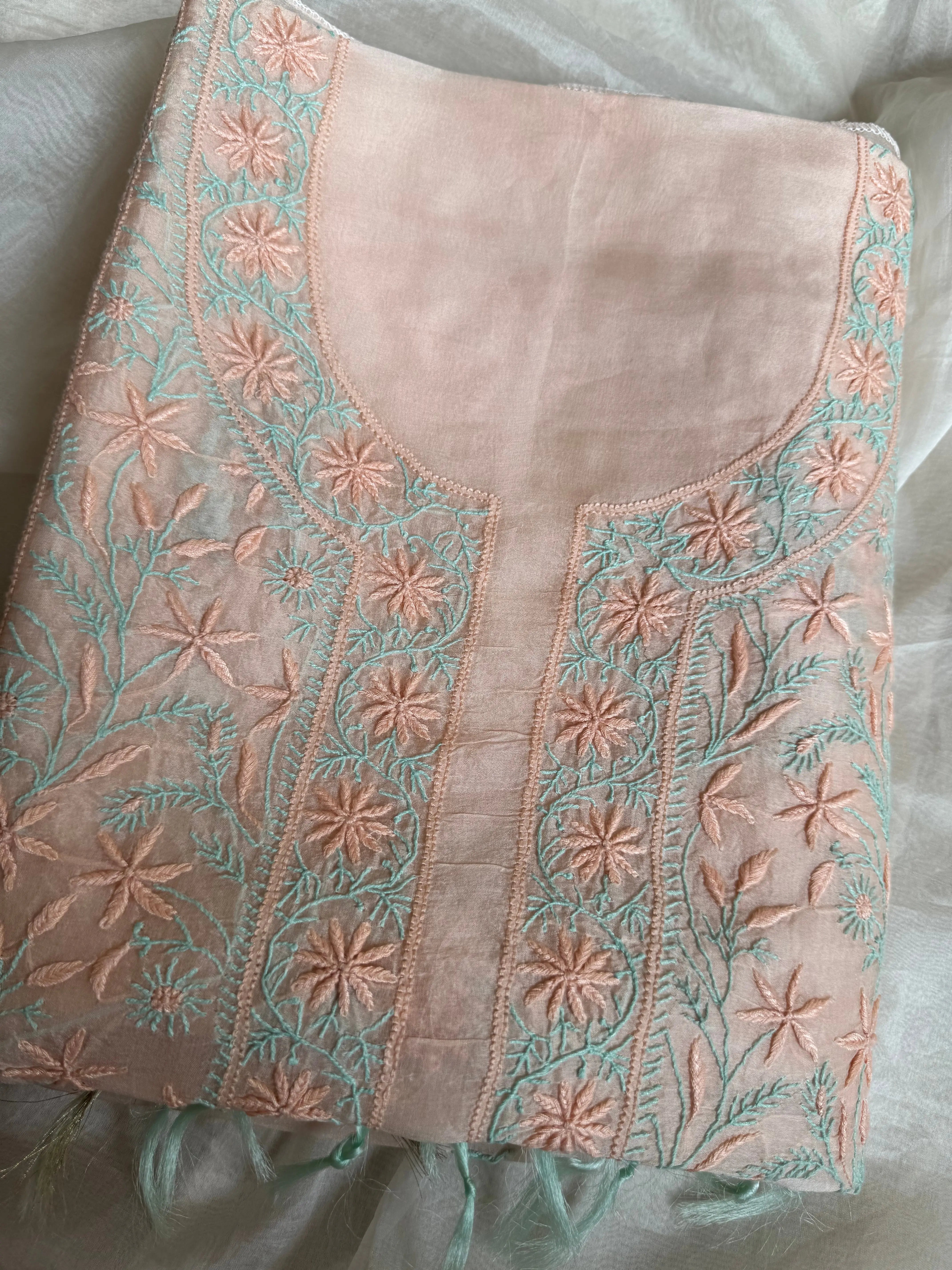 Organza Chikankari Length with Dupatta -Light Peach Pink ARIAA CHIKANKARI