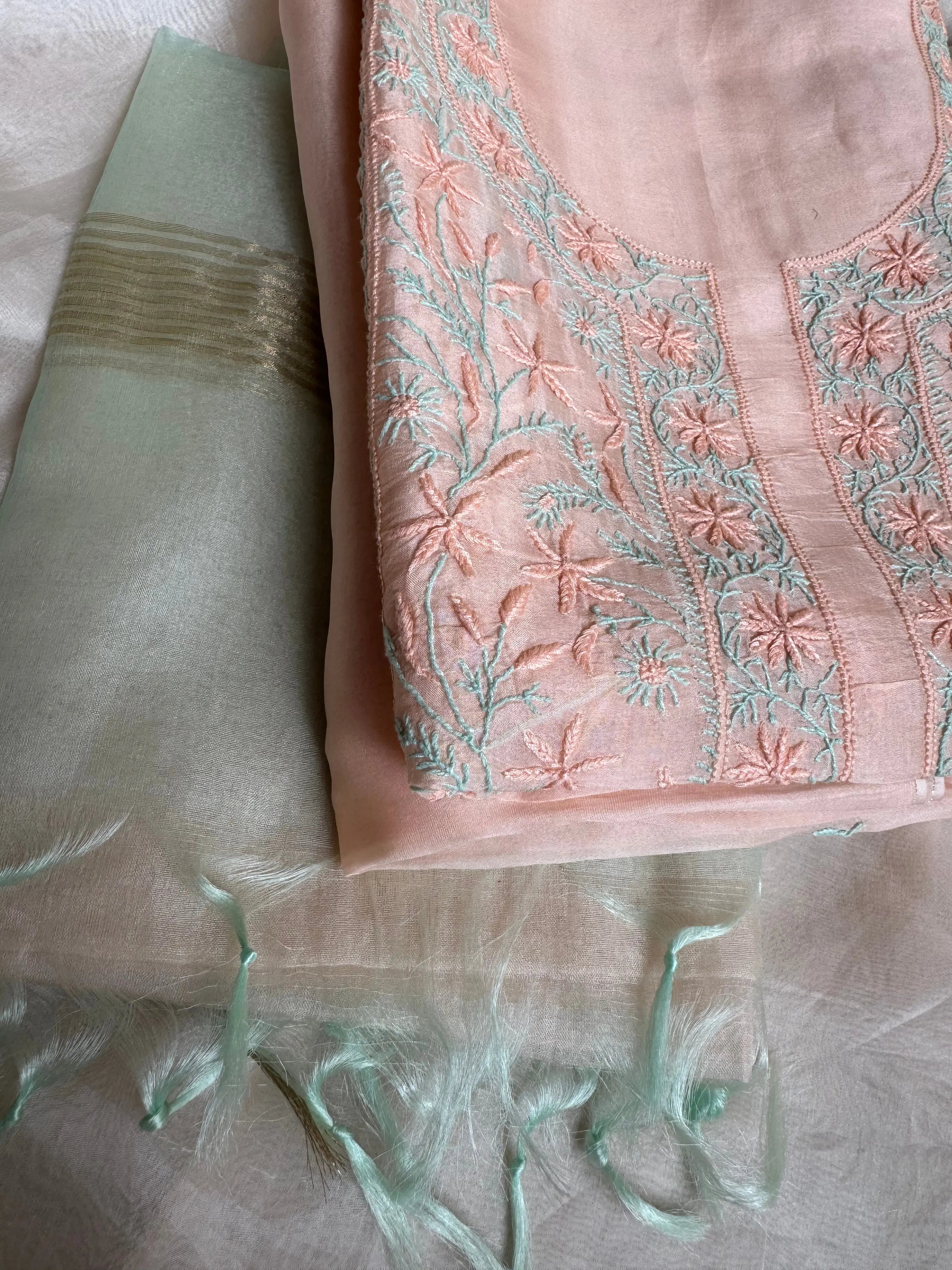 Organza Chikankari Length with Dupatta -Light Peach Pink ARIAA CHIKANKARI