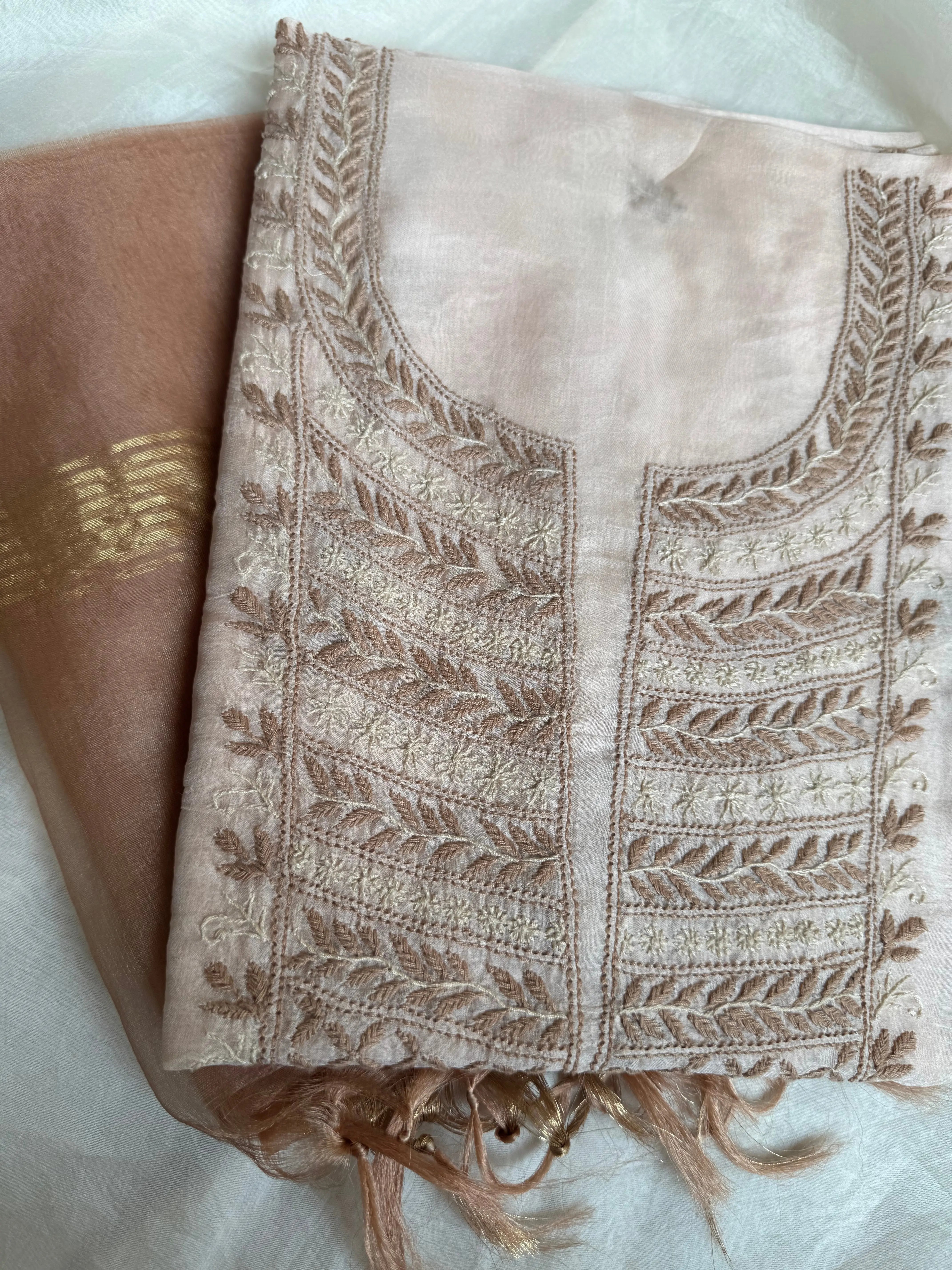 Organza Chikankari Length with Dupatta -Peach Beige ARIAA CHIKANKARI