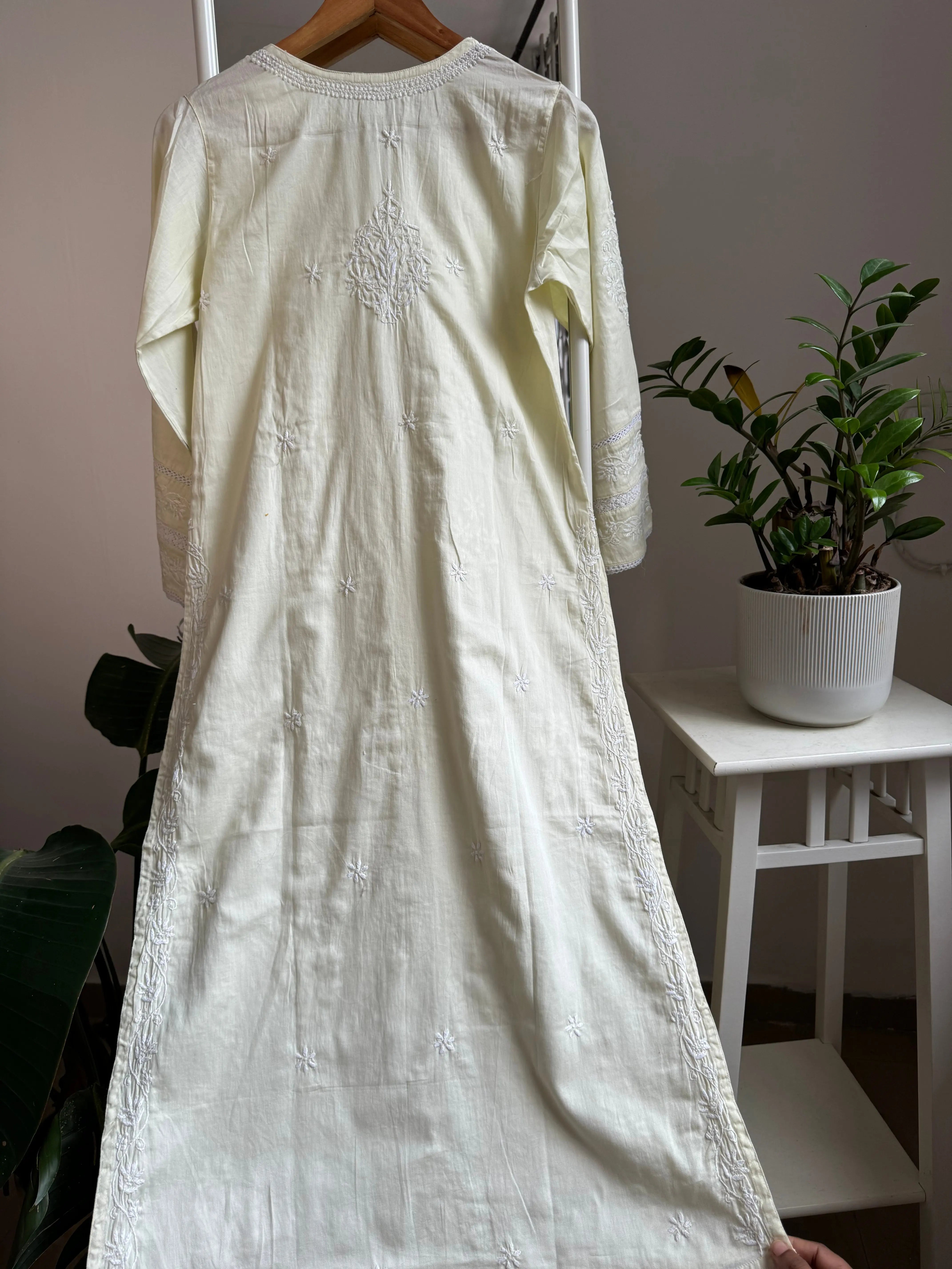 Cotton Chikankari Kurti - Light Yellow ARIAA CHIKANKARI