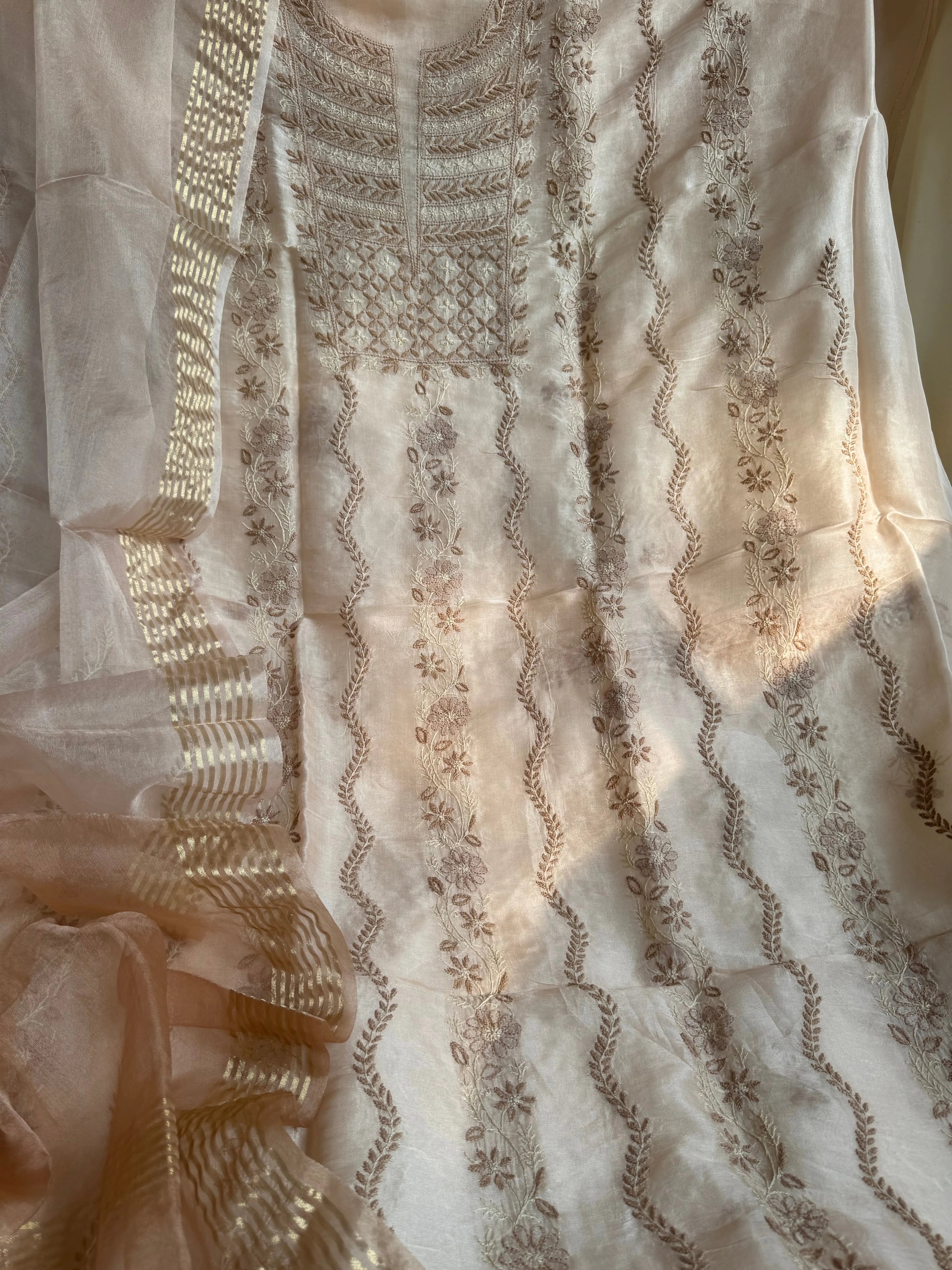 Organza Chikankari Length with Dupatta -Peach Beige ARIAA CHIKANKARI