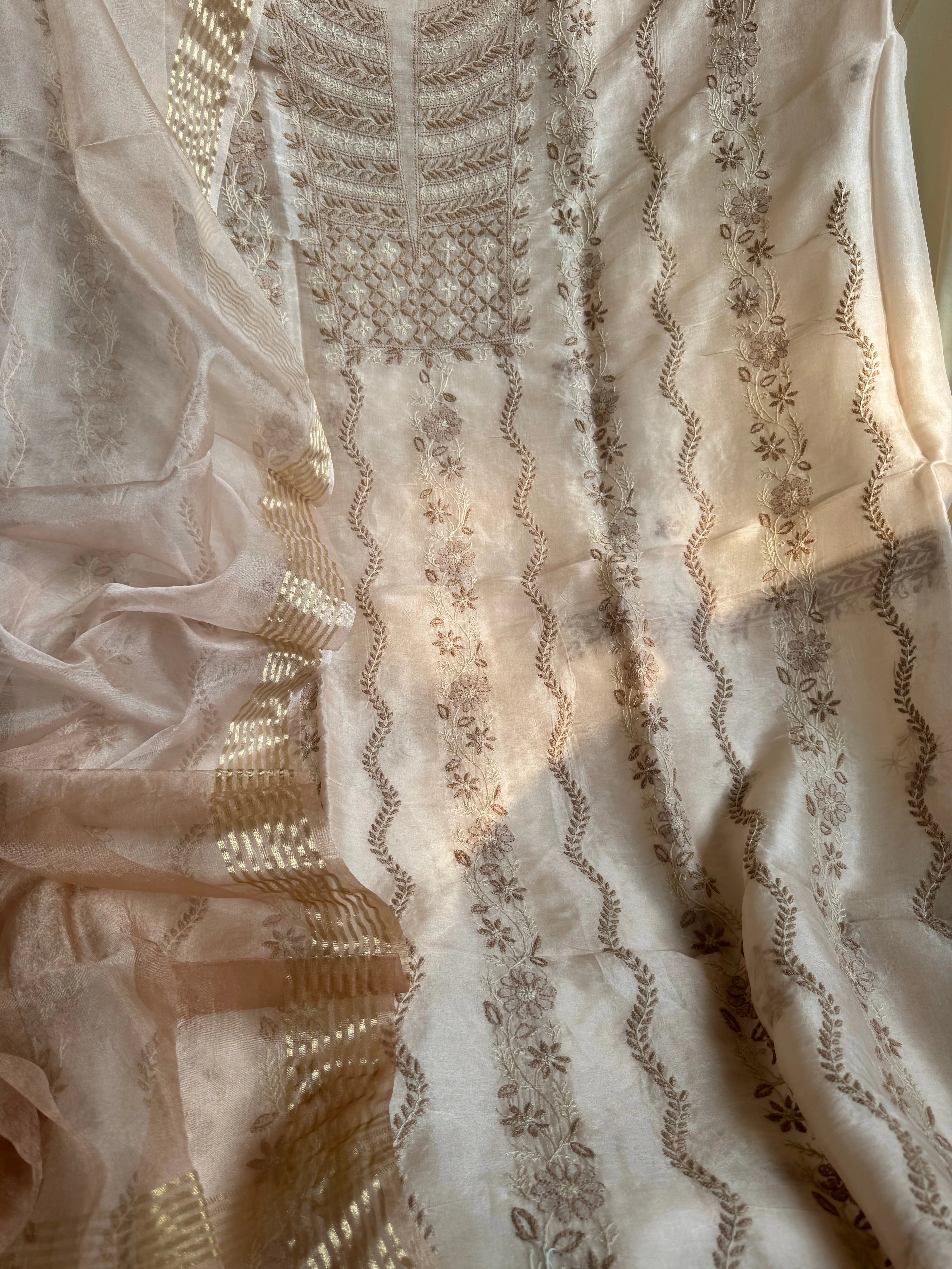 Organza Chikankari Length with Dupatta -Peach Beige ARIAA CHIKANKARI