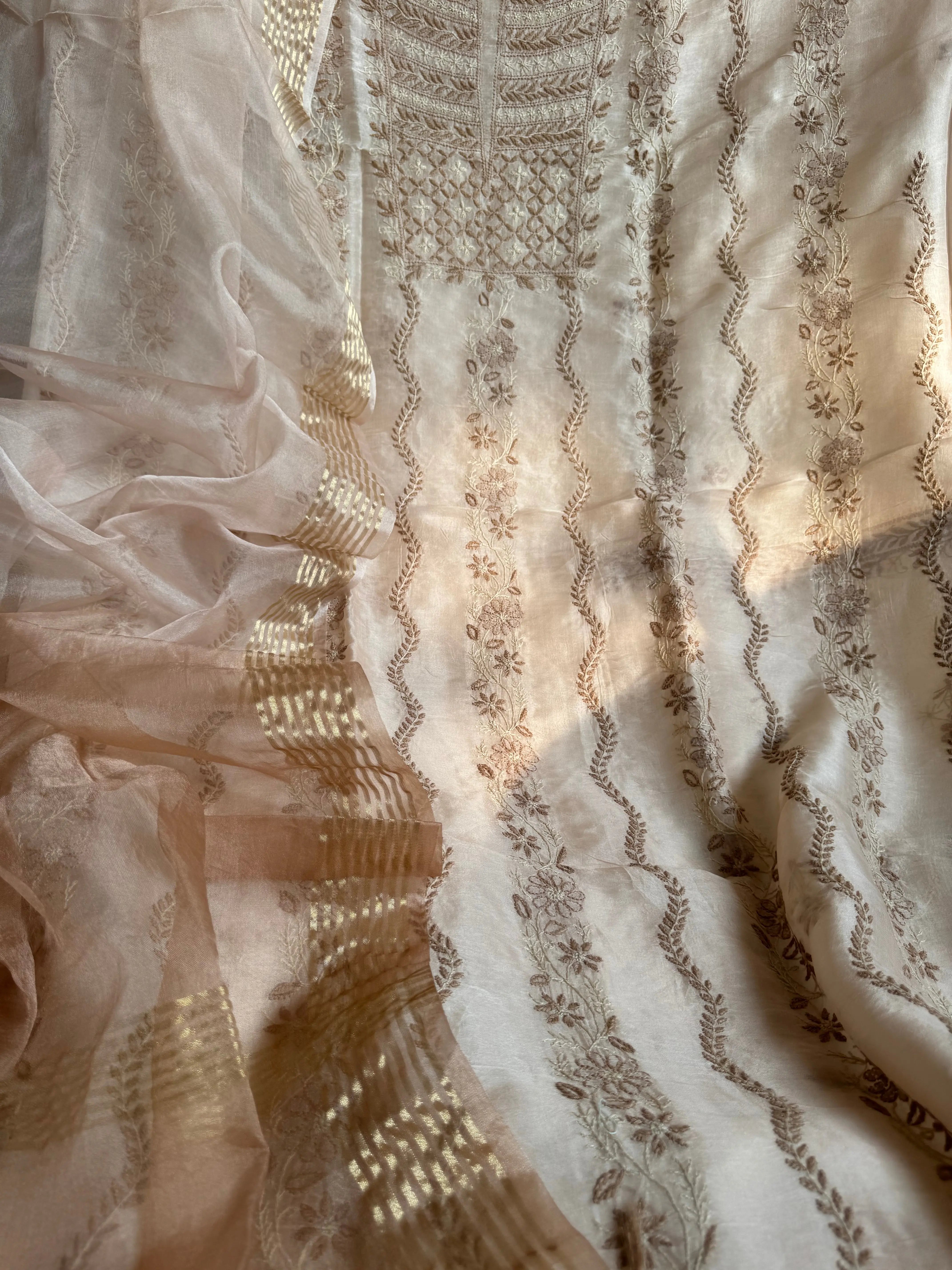 Organza Chikankari Length with Dupatta -Peach Beige ARIAA CHIKANKARI