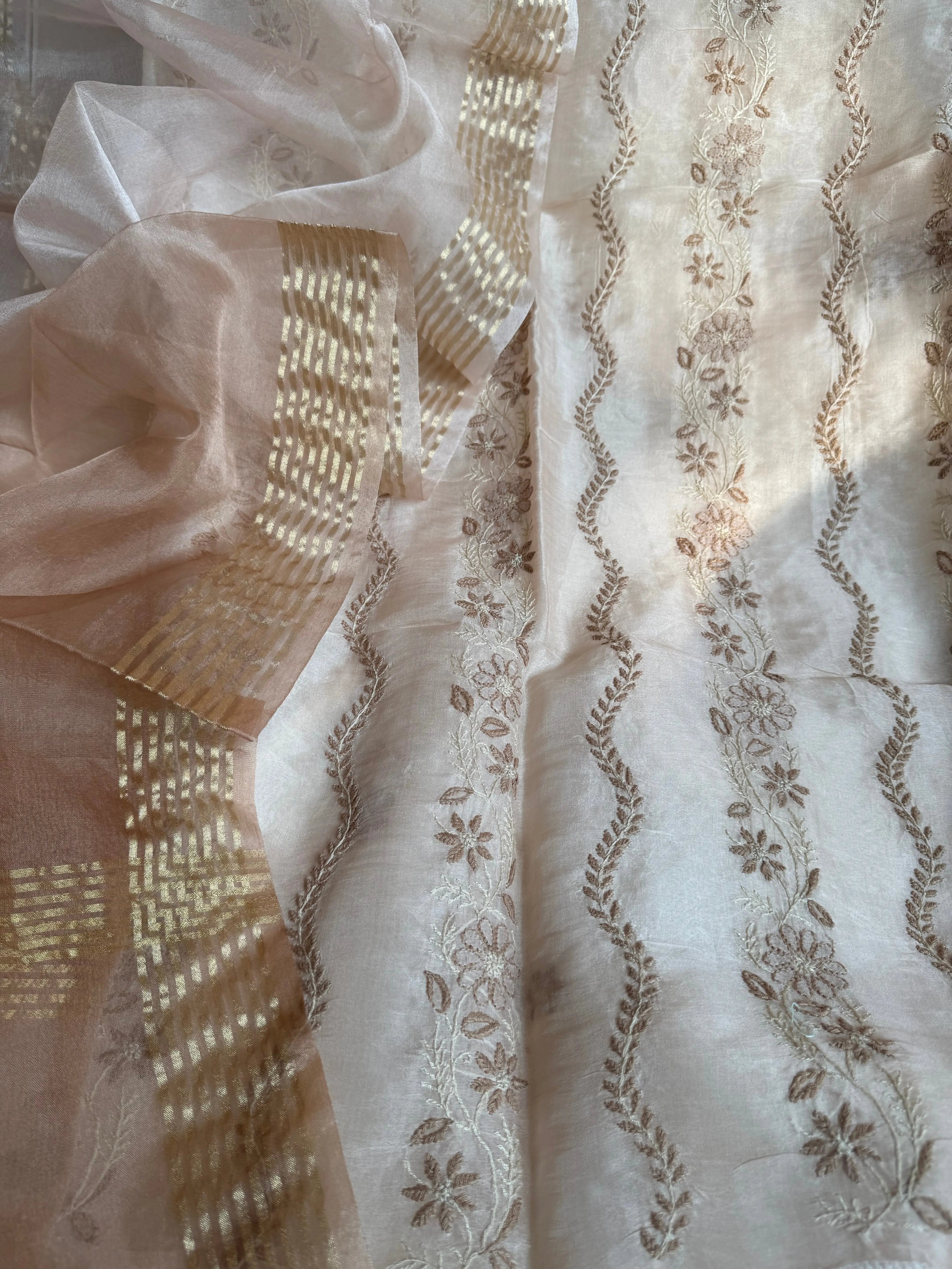 Organza Chikankari Length with Dupatta -Peach Beige ARIAA CHIKANKARI