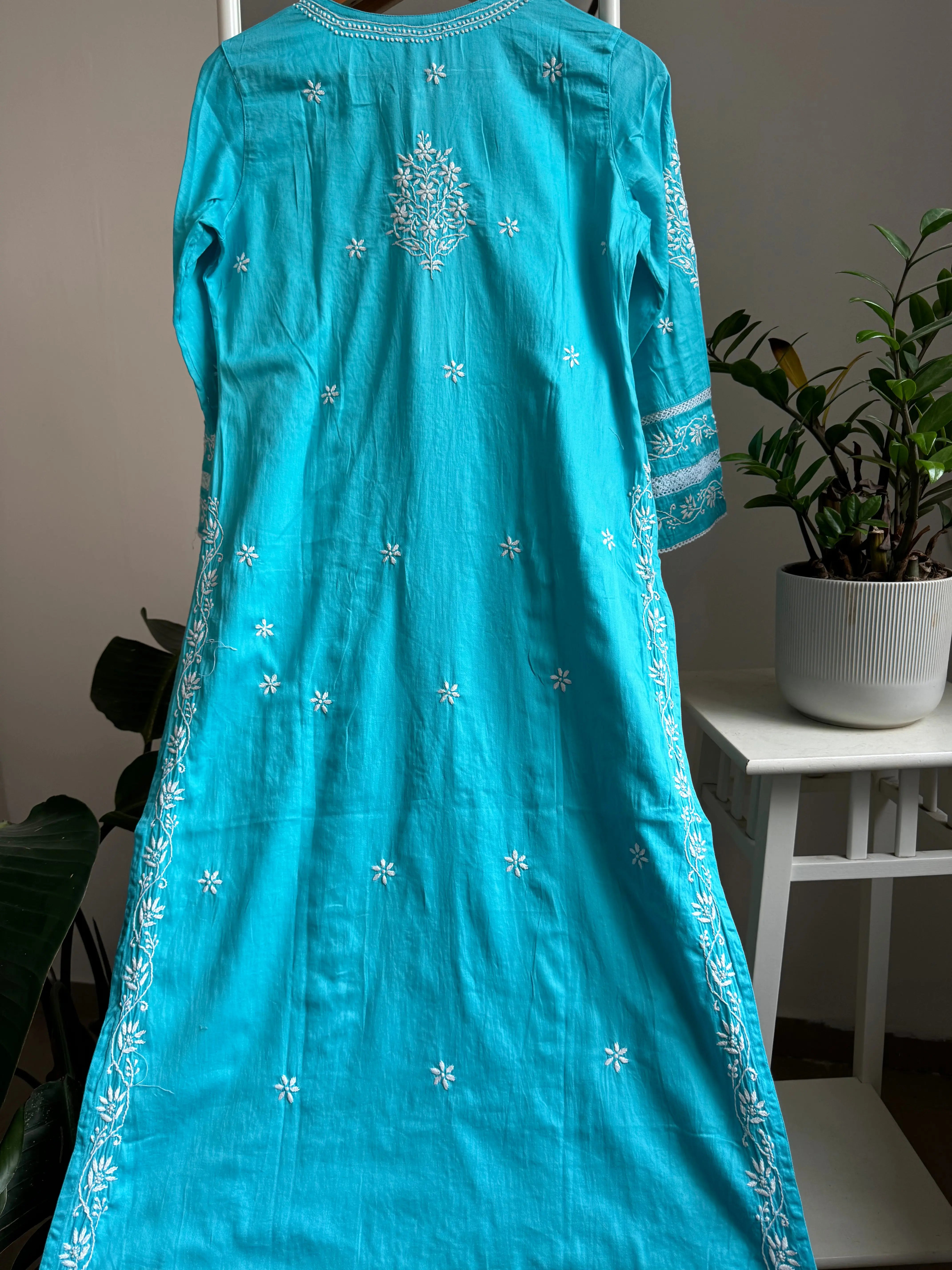 Cotton Chikankari Kurti - Firozi Blue ARIAA CHIKANKARI