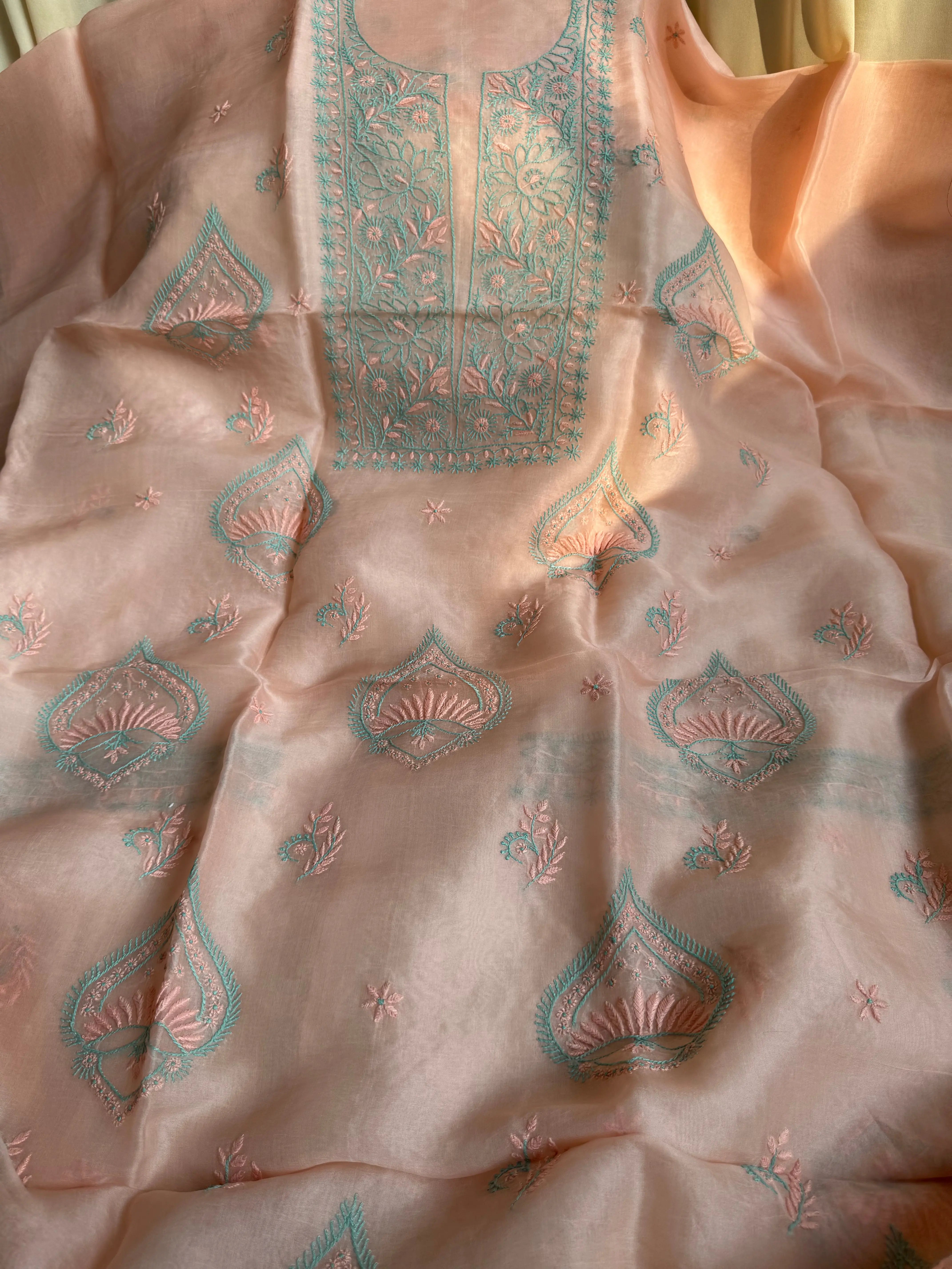 Organza Chikankari Length with Dupatta -Peach ARIAA CHIKANKARI