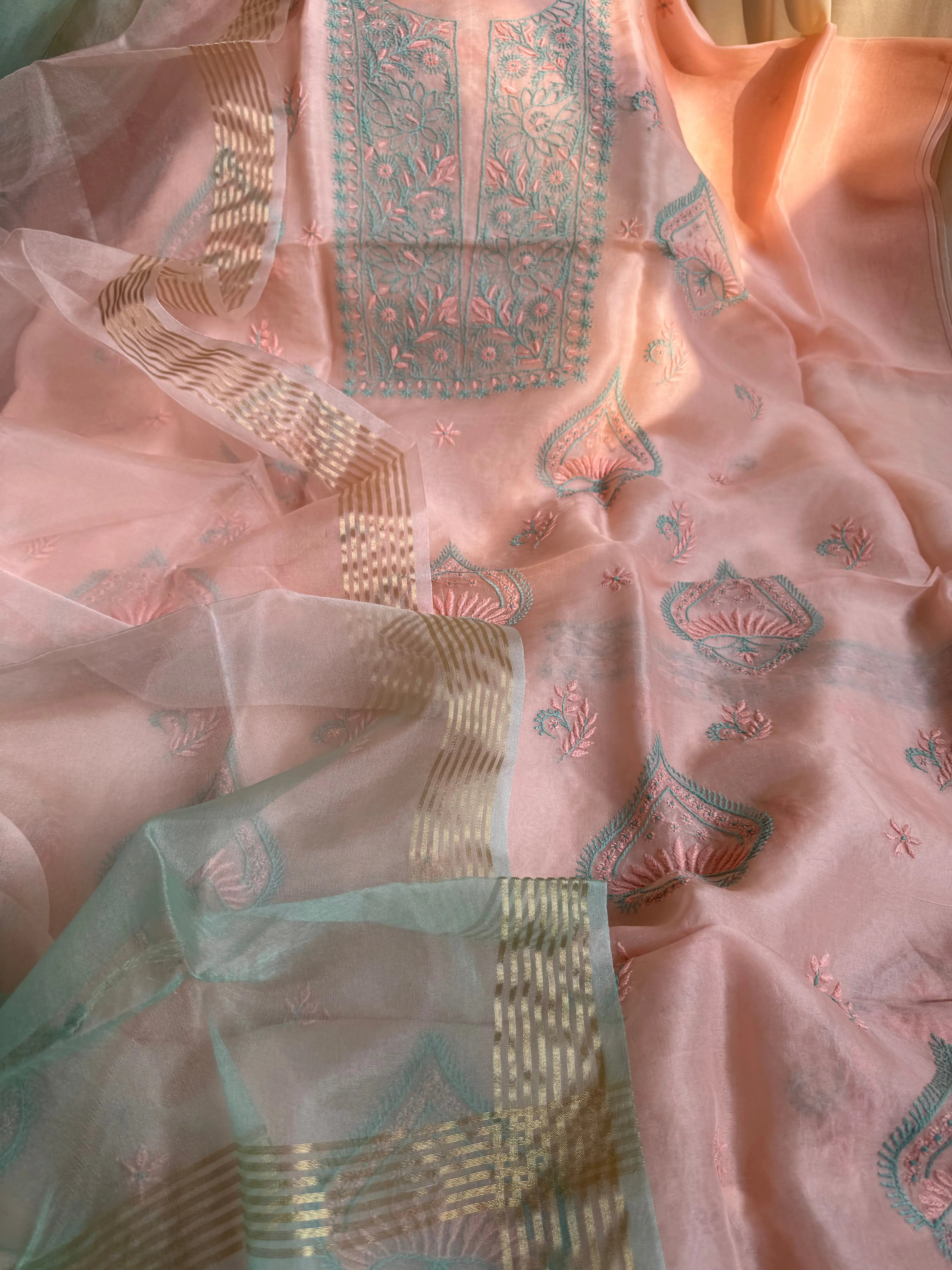 Organza Chikankari Length with Dupatta -Peach ARIAA CHIKANKARI