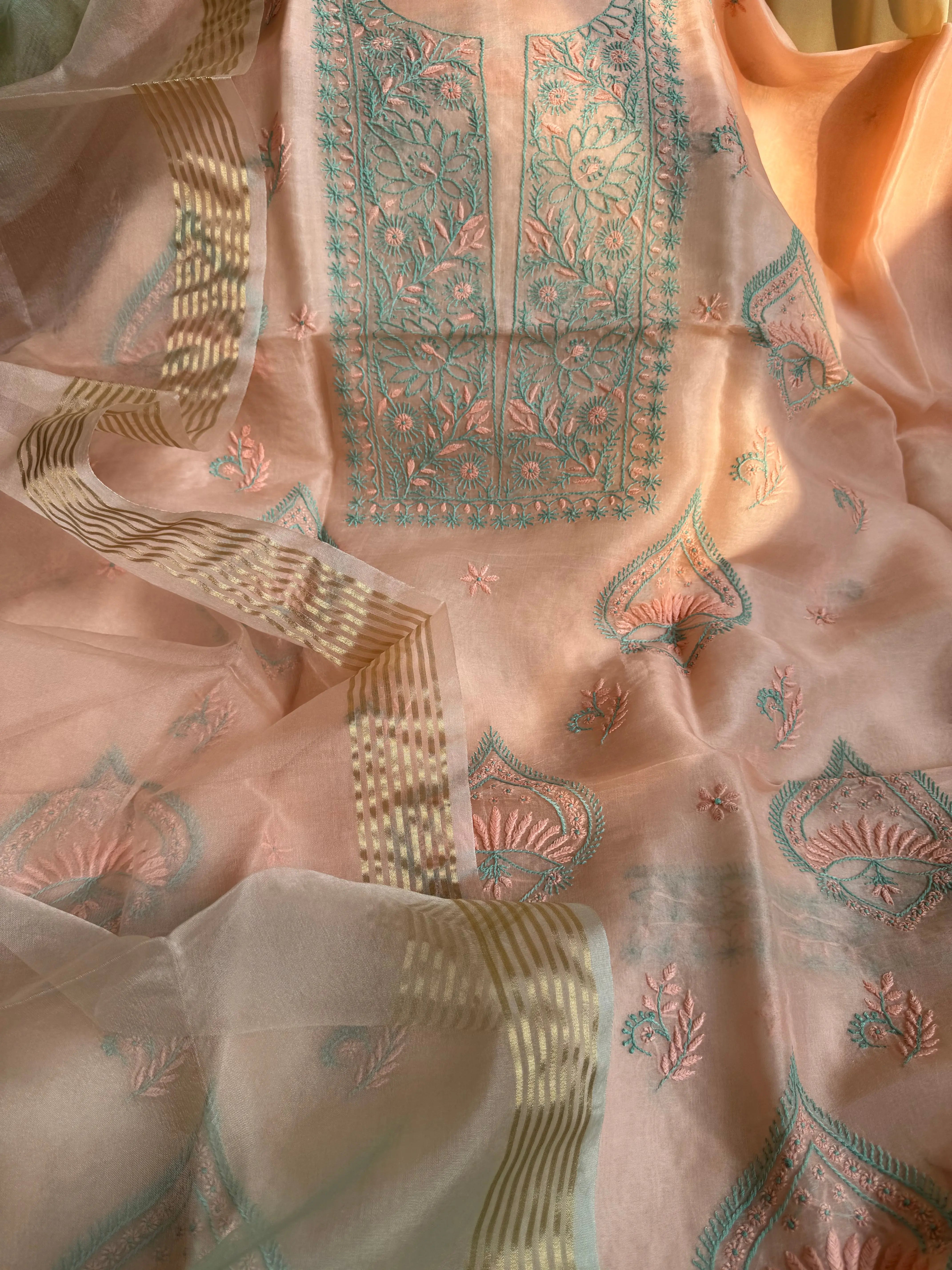 Organza Chikankari Length with Dupatta -Peach ARIAA CHIKANKARI