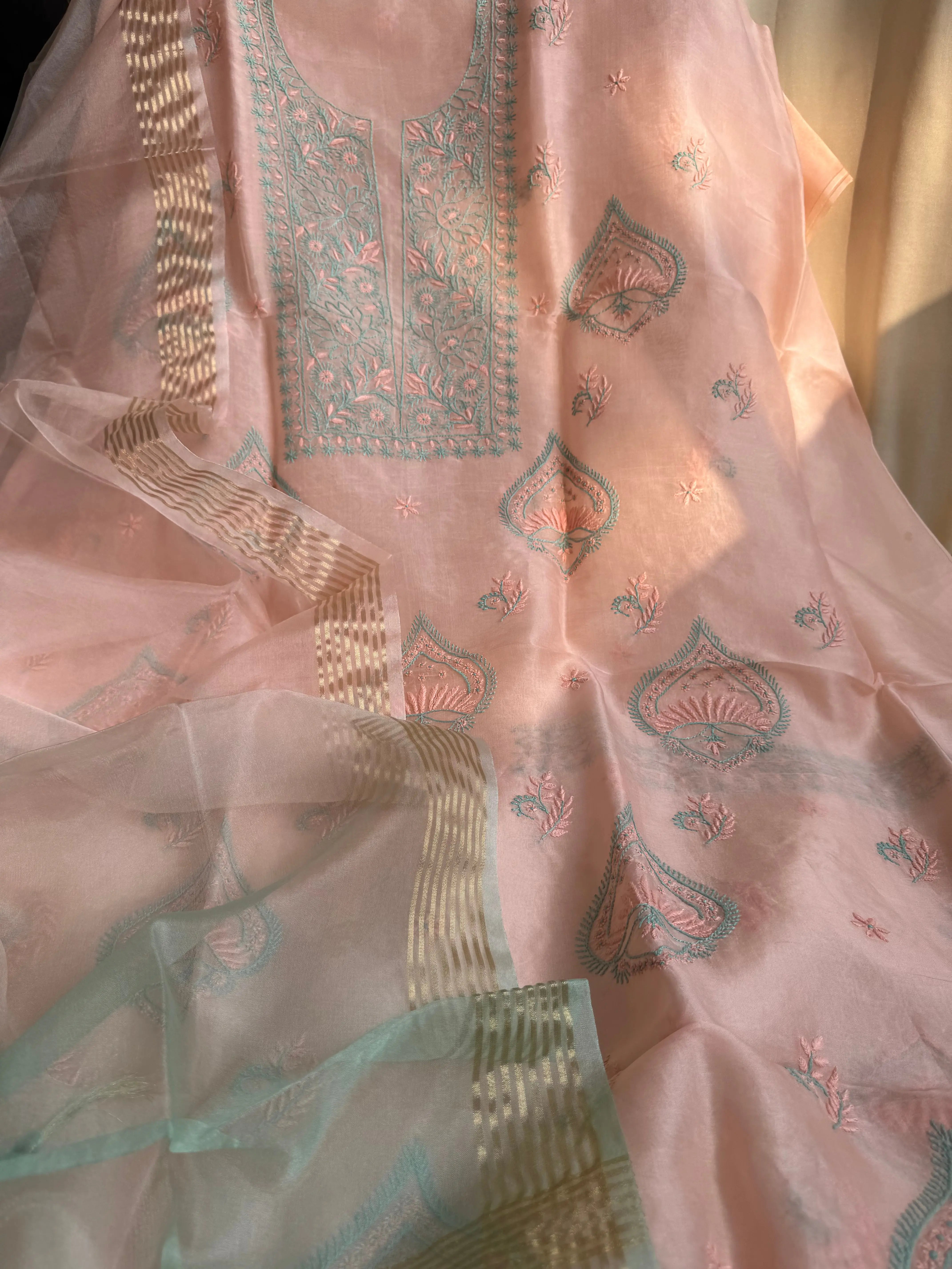 Organza Chikankari Length with Dupatta -Peach ARIAA CHIKANKARI