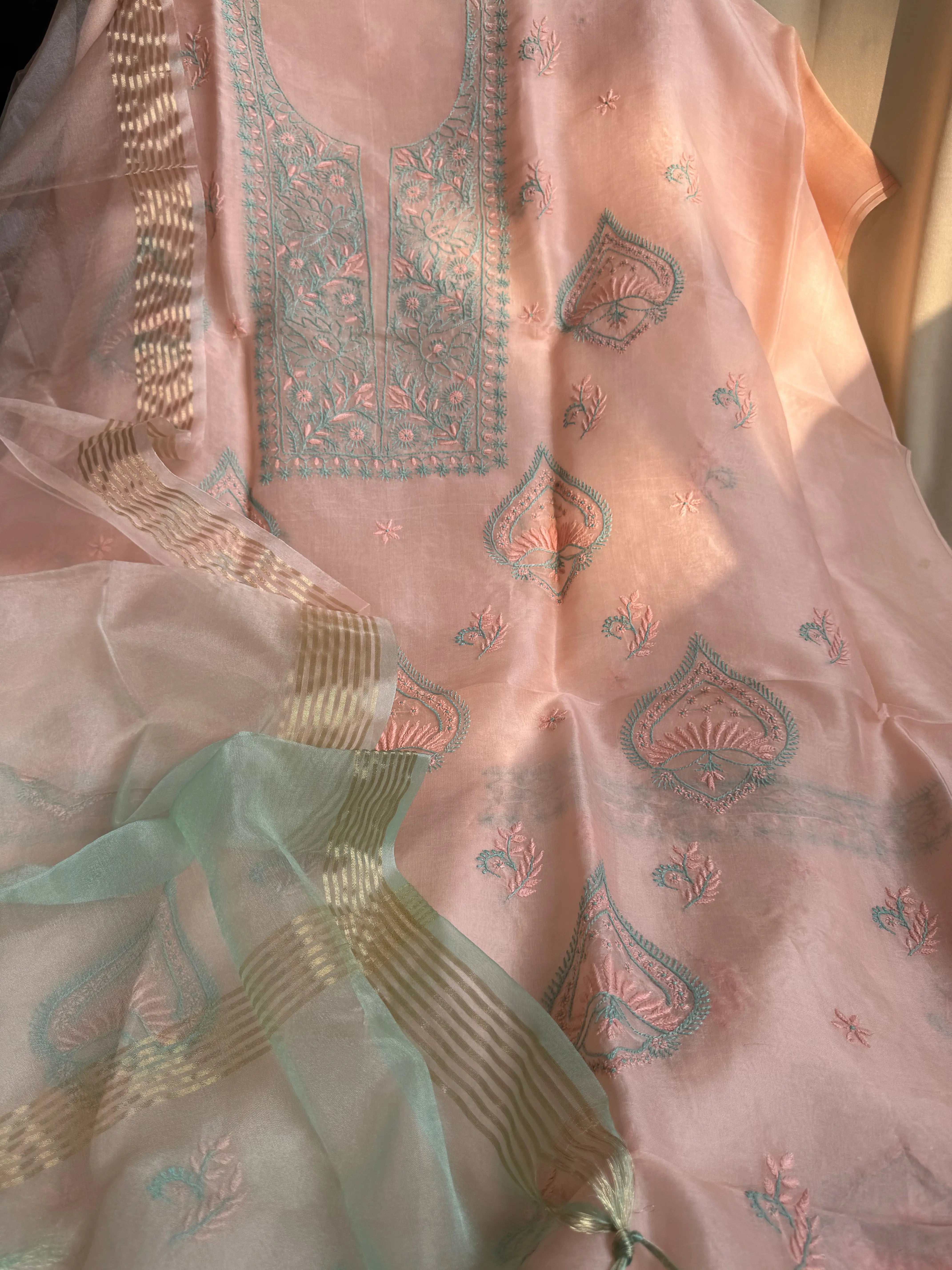 Organza Chikankari Length with Dupatta -Peach ARIAA CHIKANKARI