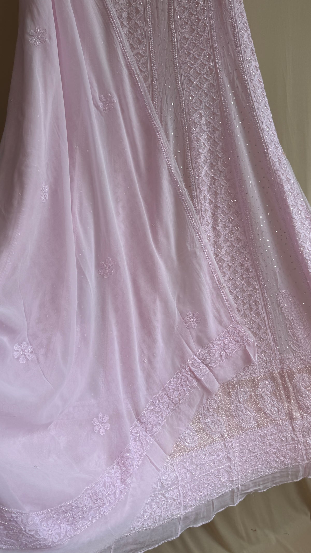 Viscose Anarkali - Semi Stitched - Pearl Work - Baby Pink