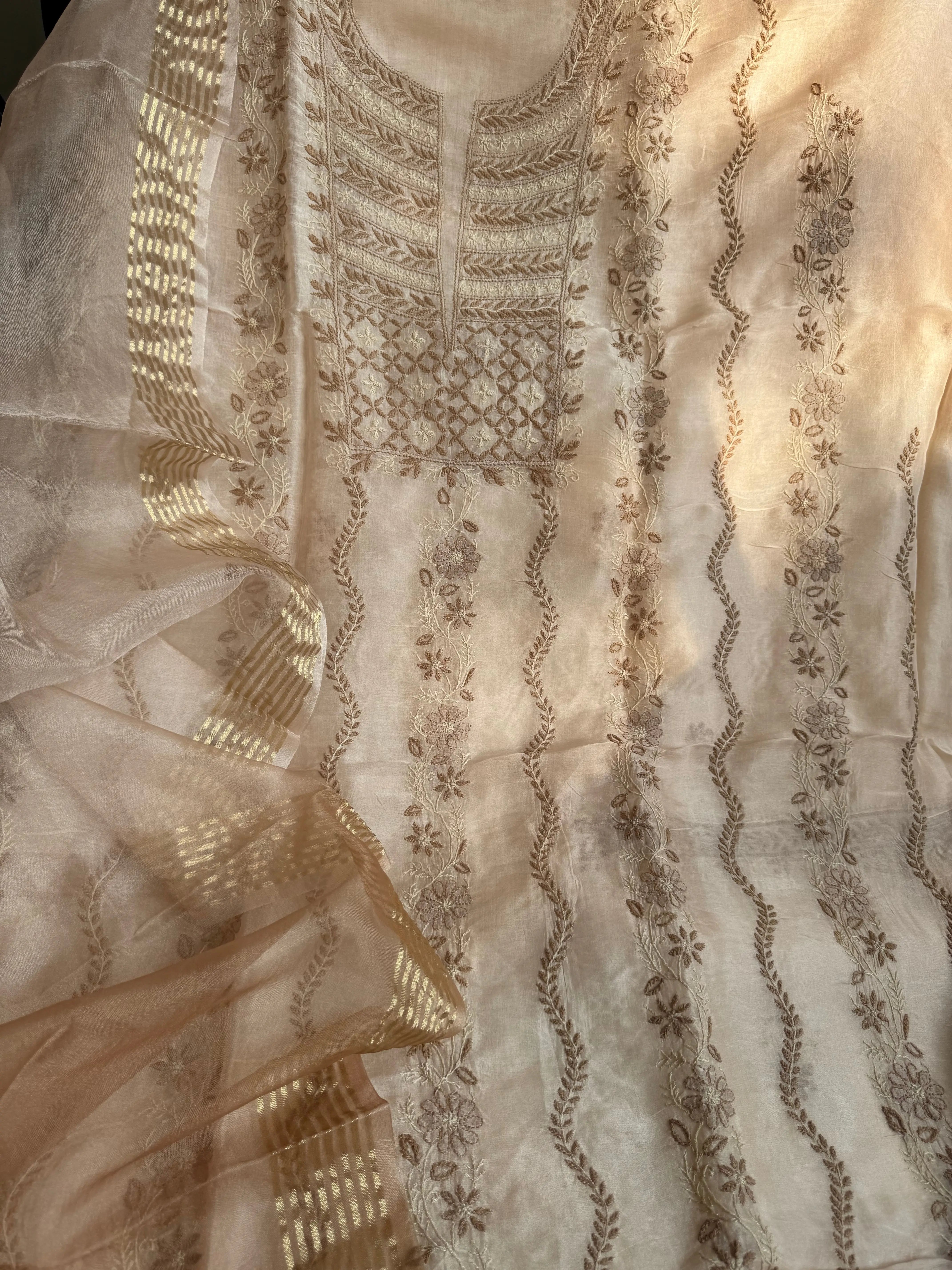 Organza Chikankari Length with Dupatta -Peach Beige ARIAA CHIKANKARI