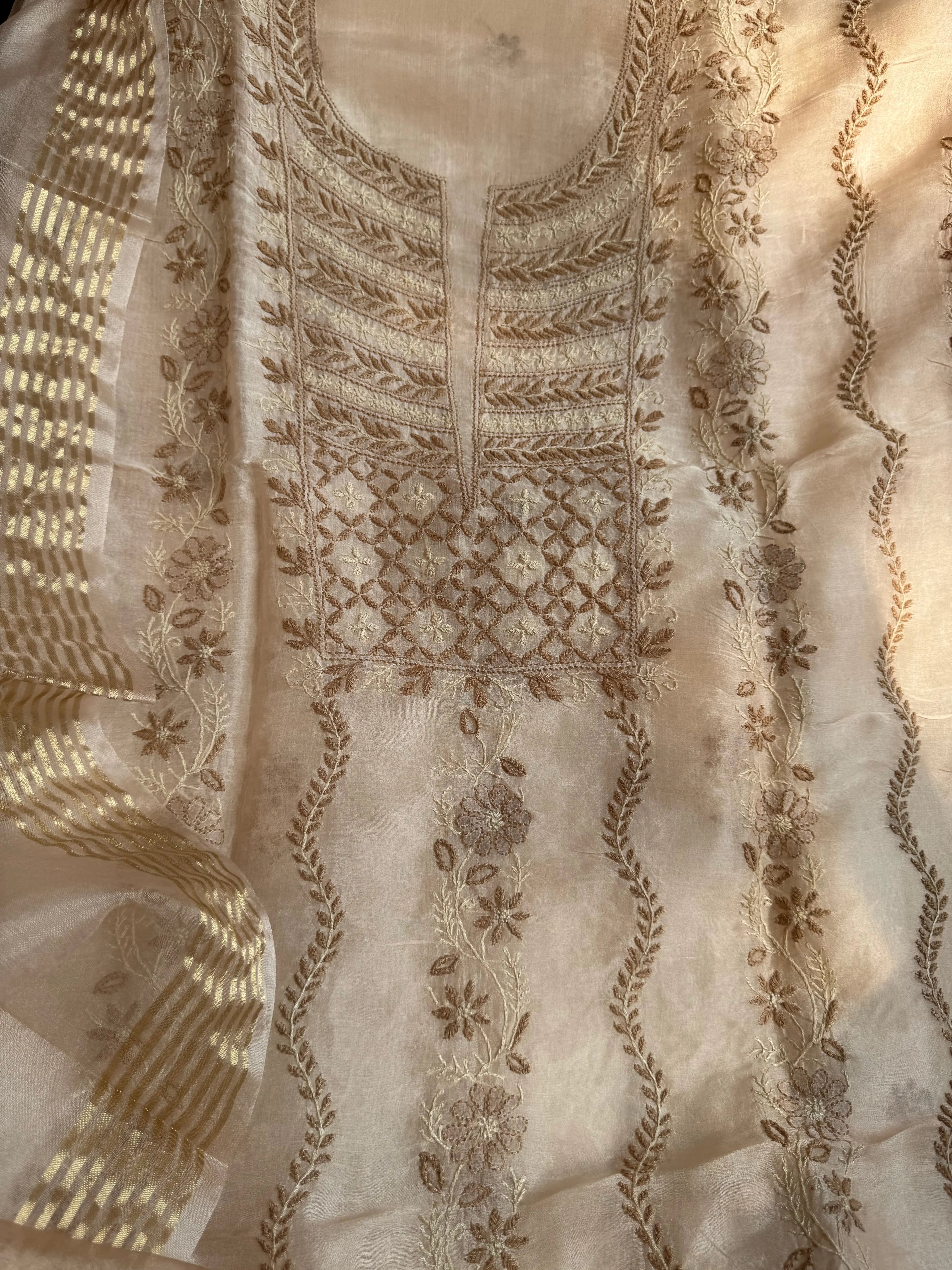Organza Chikankari Length with Dupatta -Peach Beige ARIAA CHIKANKARI
