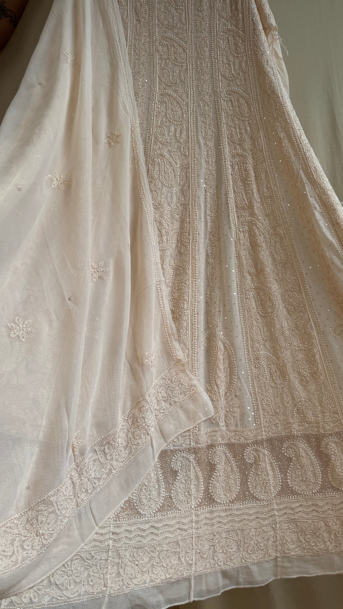 Viscose Anarkali - Semi Stitched - Pearl Work - Nude Peach