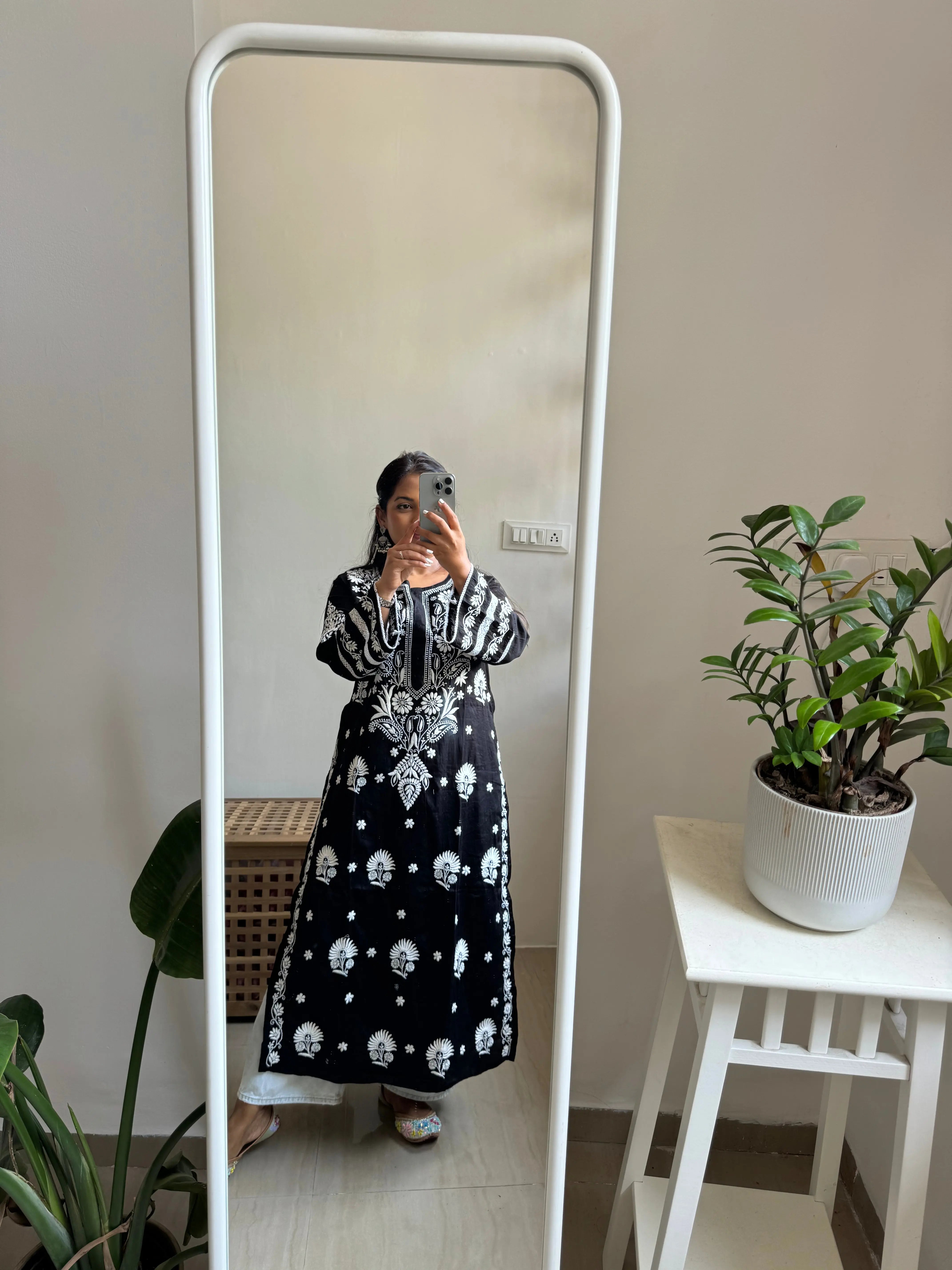 Cotton Chikankari Kurti - Black ARIAA CHIKANKARI