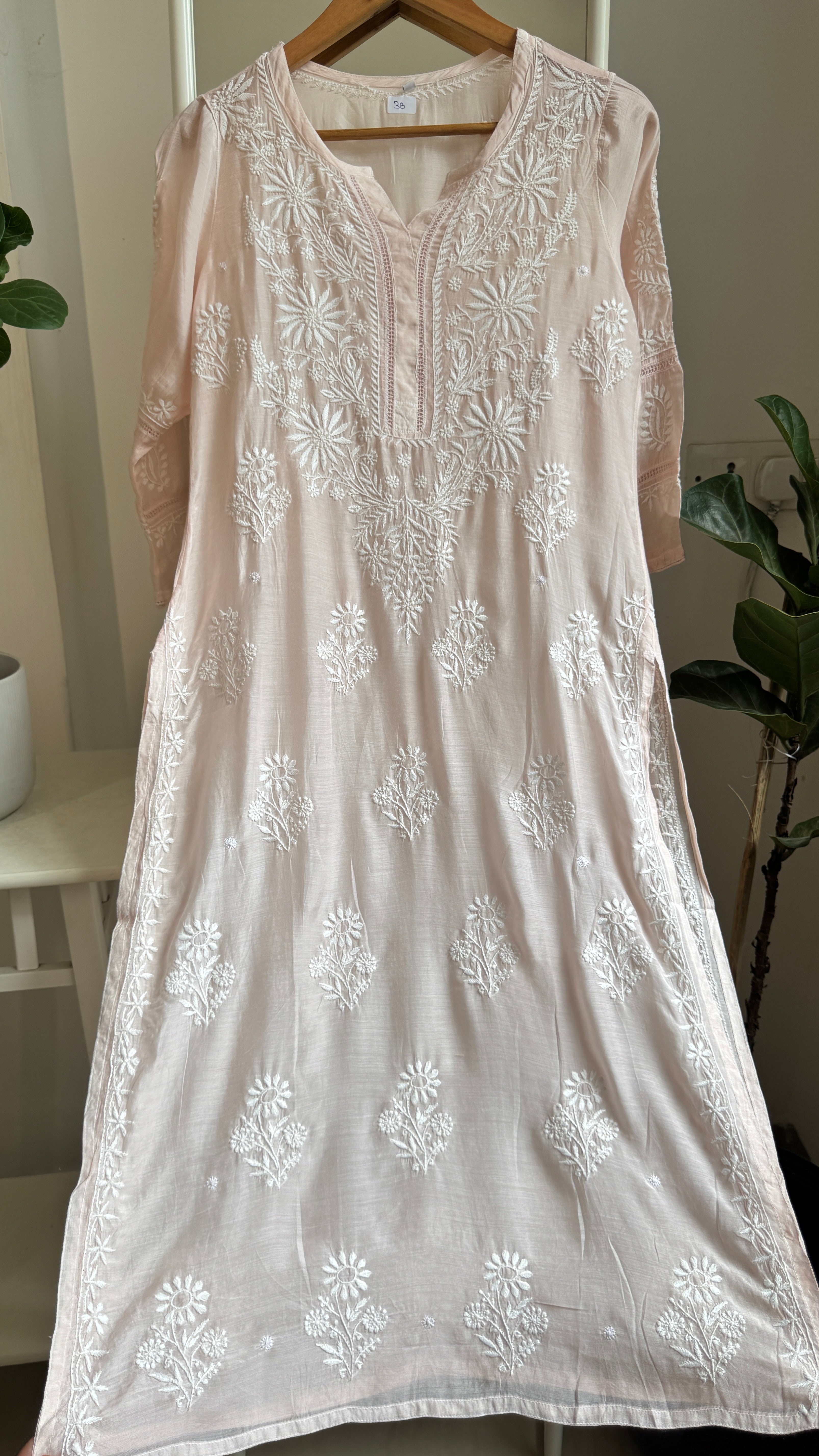 Muslin Chikankari Kurti with White Thread work - Pale Pink - Gulzar Collection