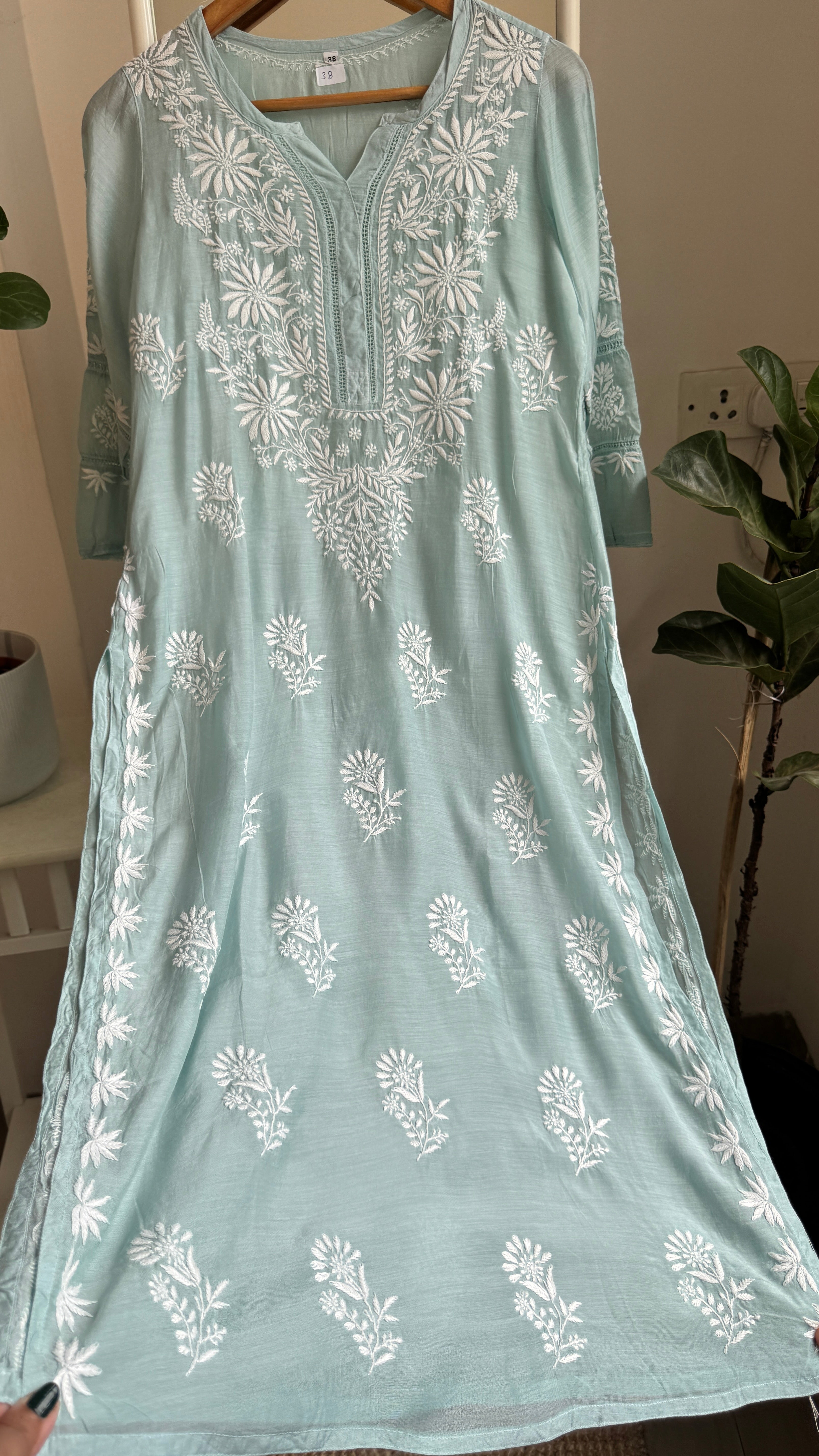 Muslin Chikankari Kurti with White Thread work - Sea Green - Gulzar Collection