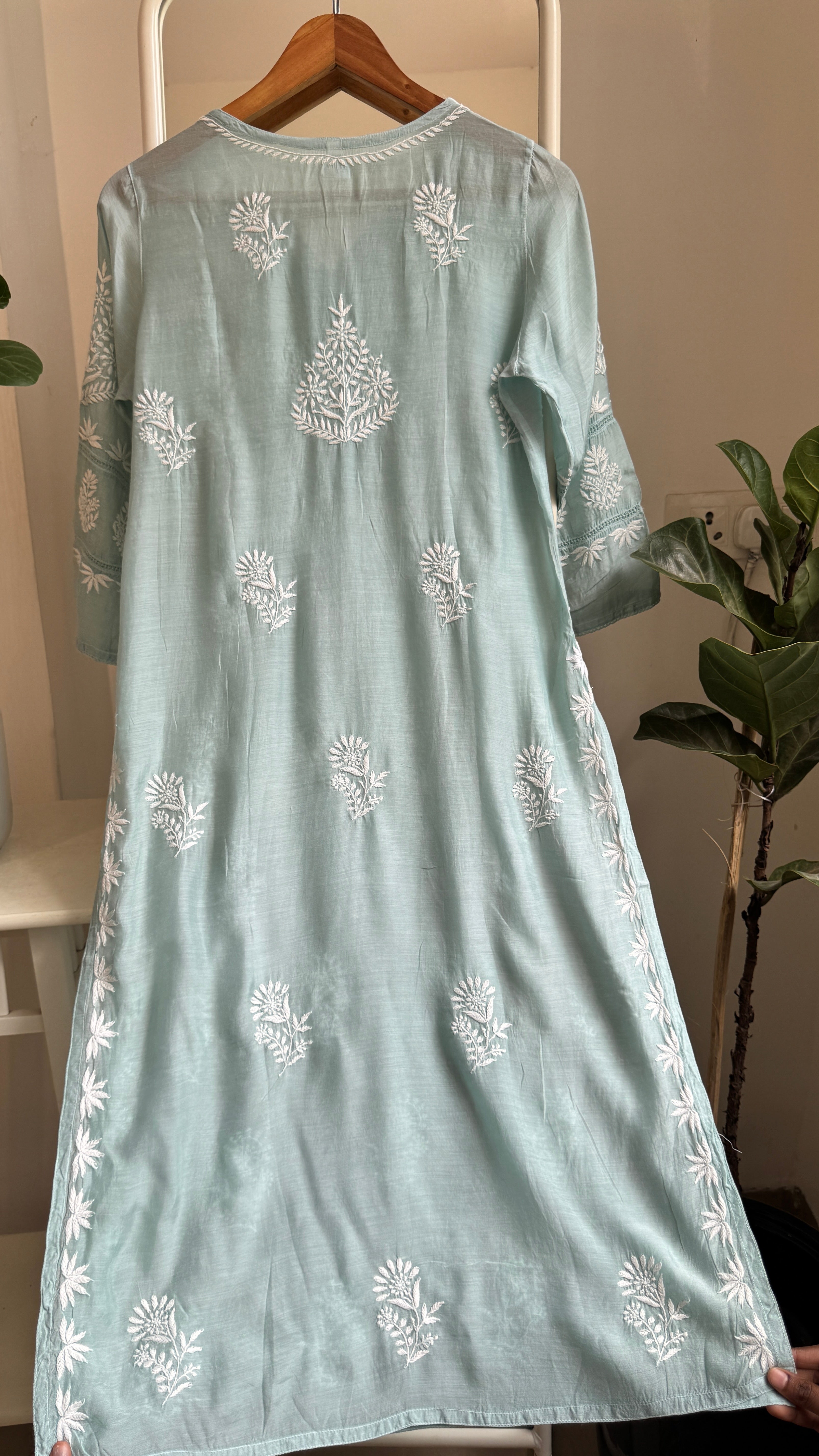 Muslin Chikankari Kurti with White Thread work - Sea Green - Gulzar Collection