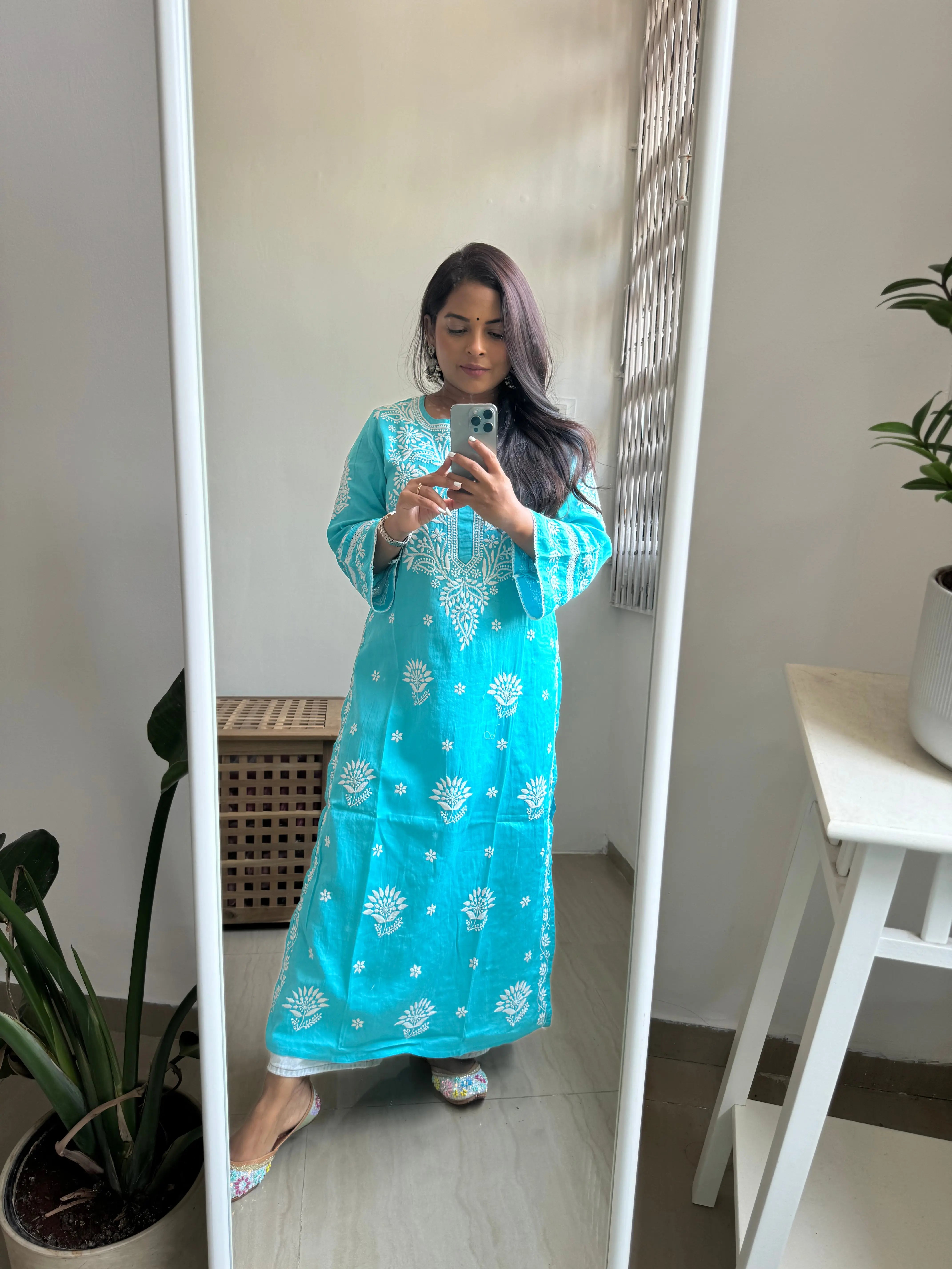 Cotton Chikankari Kurti - Firozi Blue ARIAA CHIKANKARI