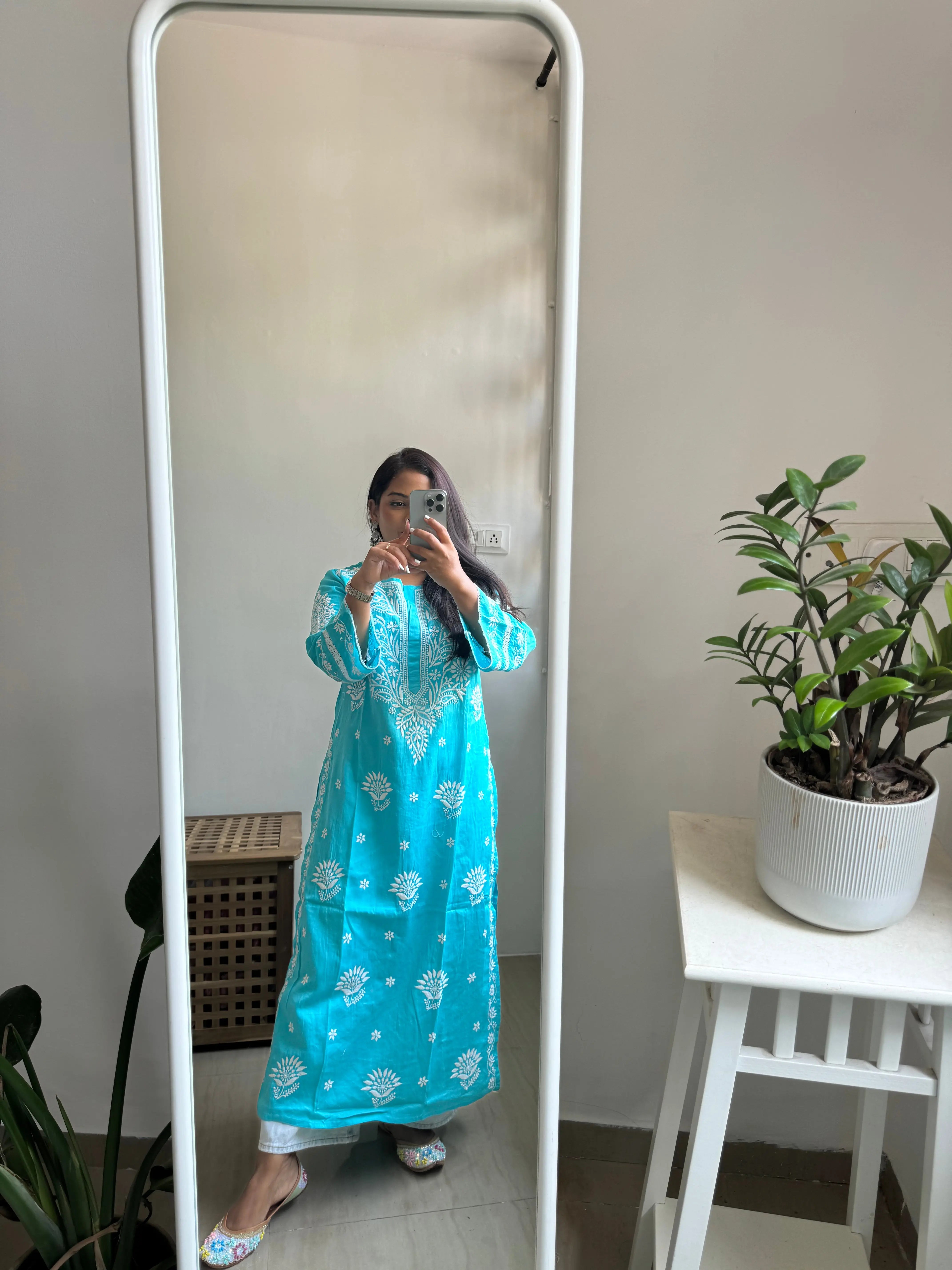 Cotton Chikankari Kurti - Firozi Blue ARIAA CHIKANKARI