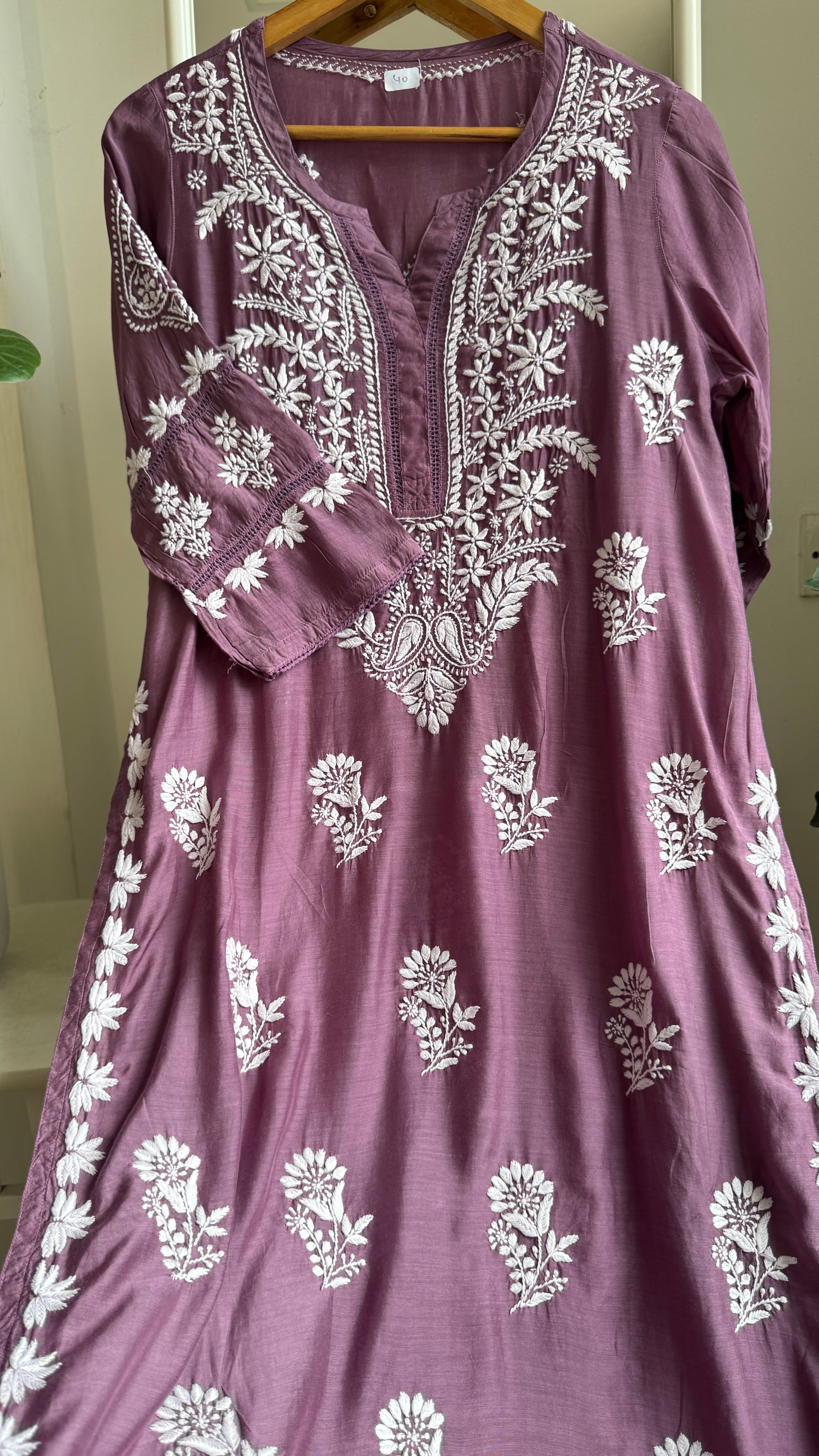 Muslin Chikankari Kurti with White Thread work - Purple - Gulzar Collection