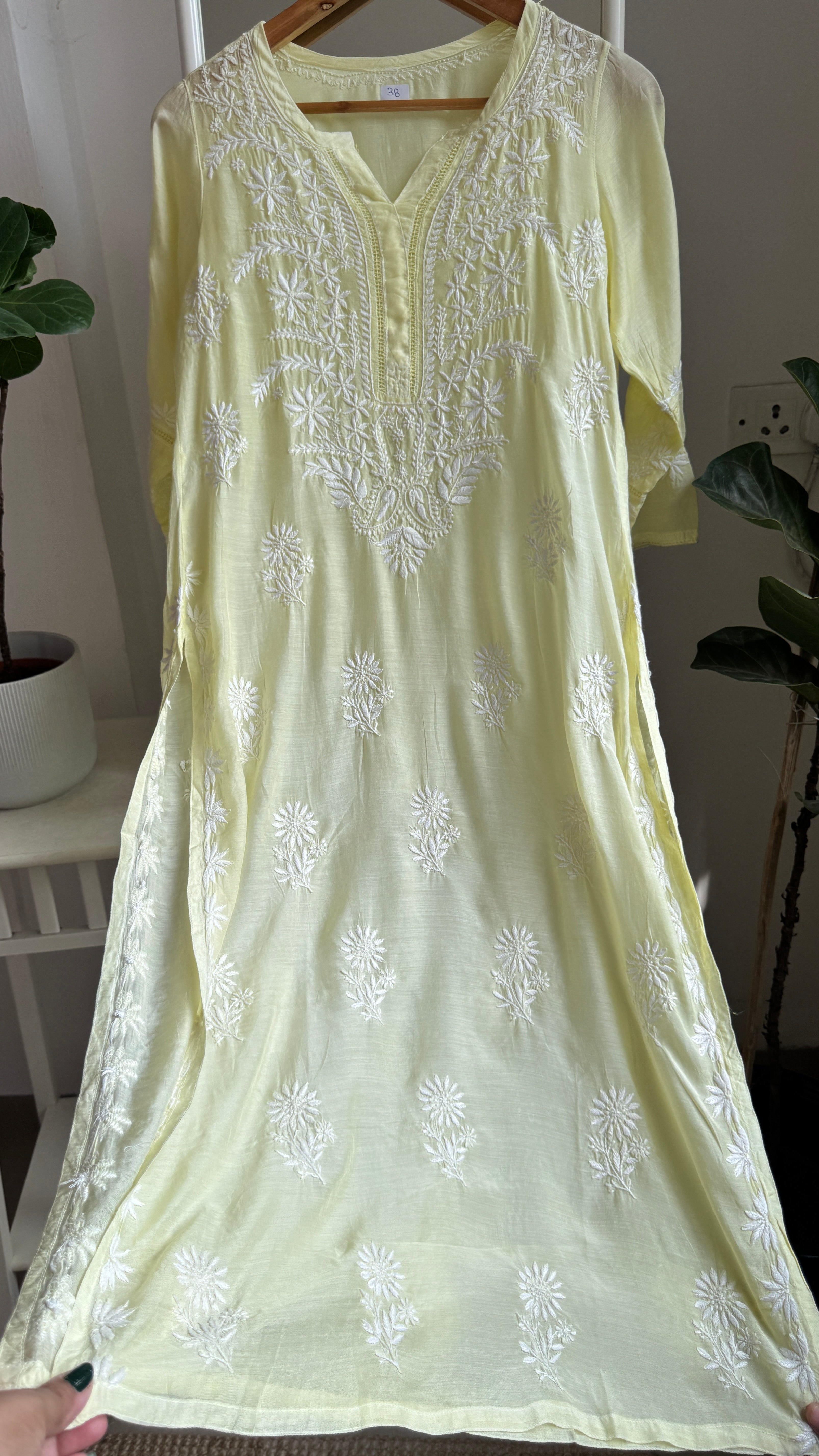 Muslin Chikankari Kurti with White Thread work - Lemon Yellow - Gulzar Collection