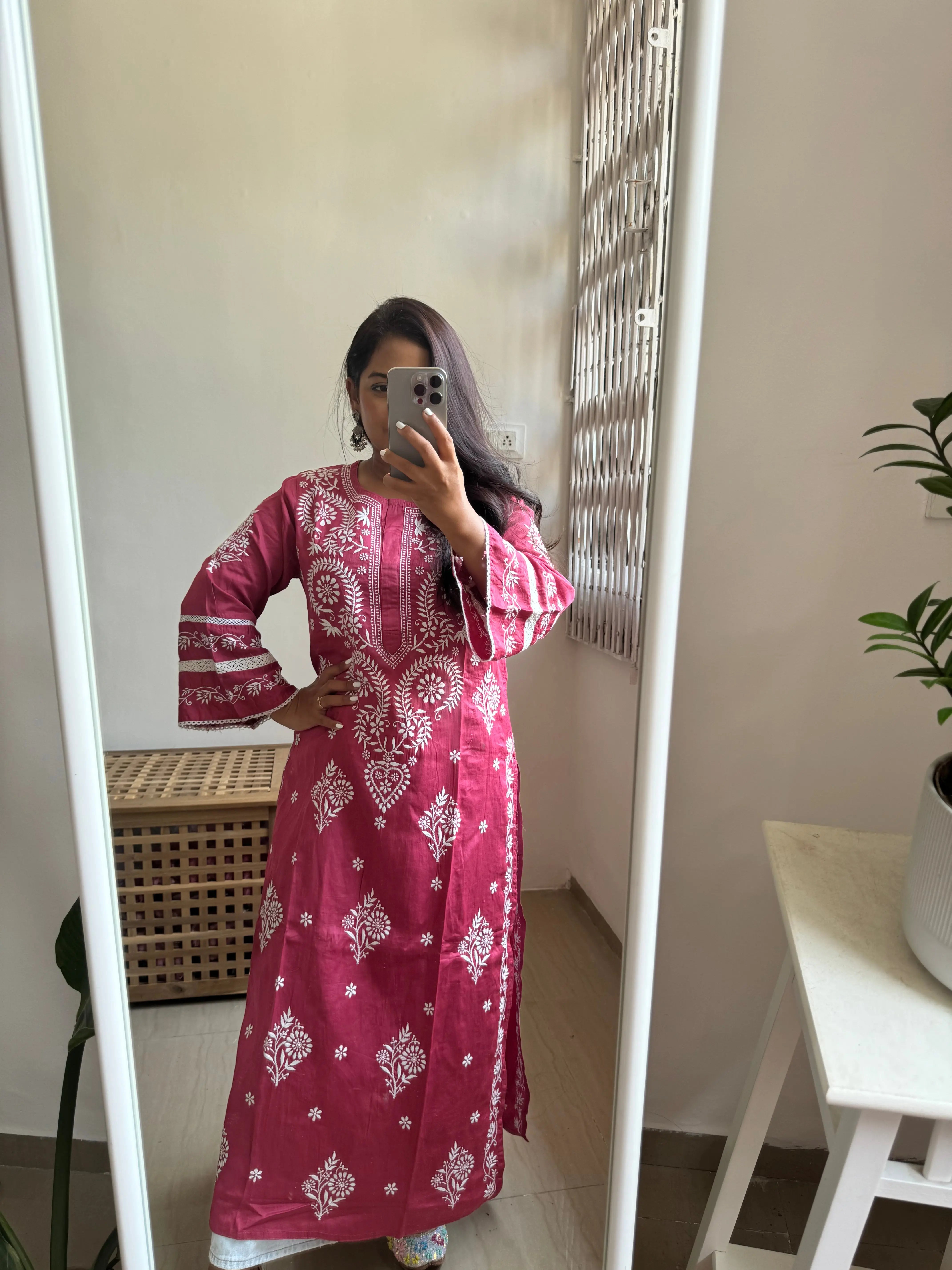 Cotton Chikankari Kurti - Dark Pink ARIAA CHIKANKARI