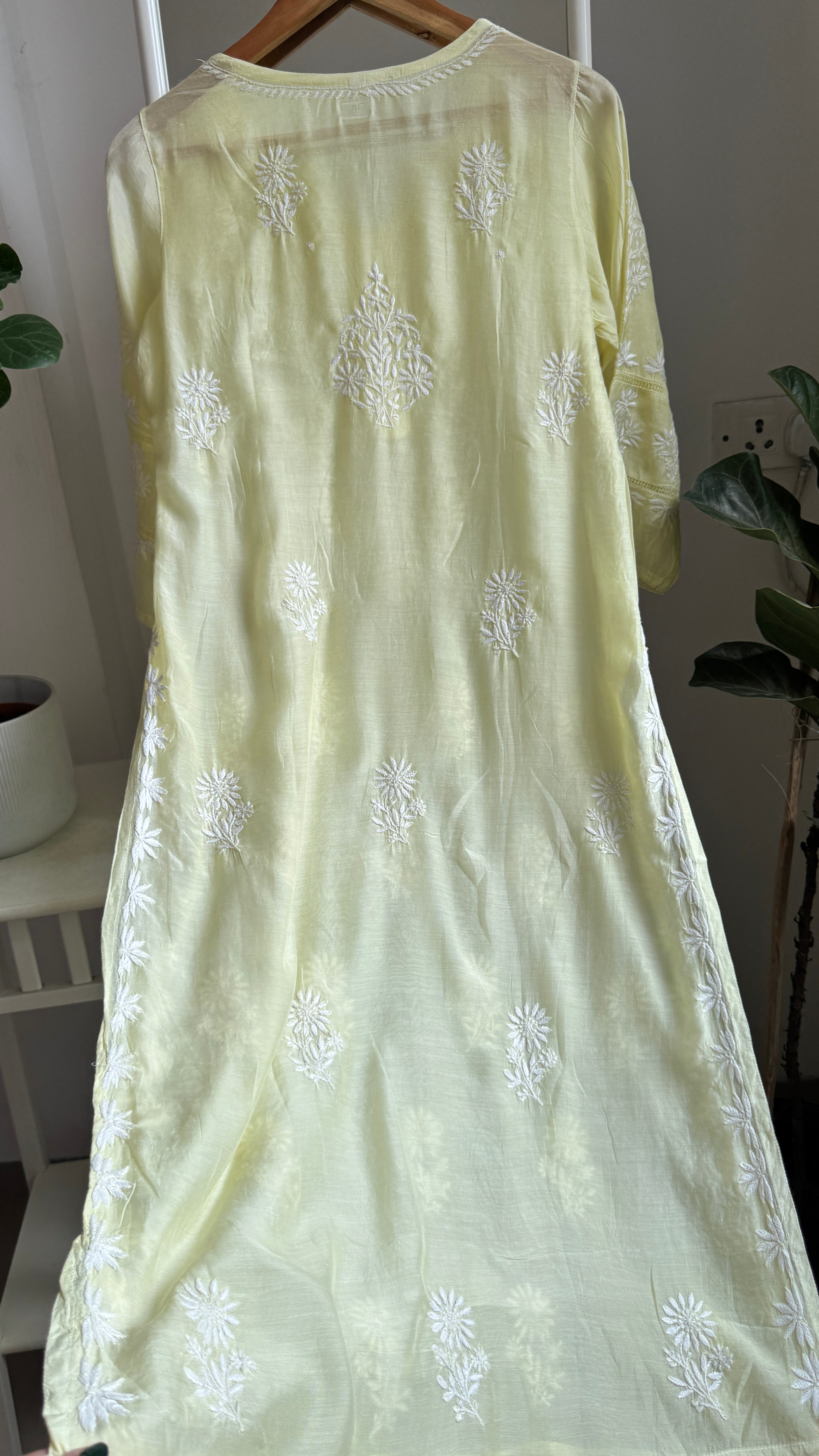 Muslin Chikankari Kurti with White Thread work - Lemon Yellow - Gulzar Collection