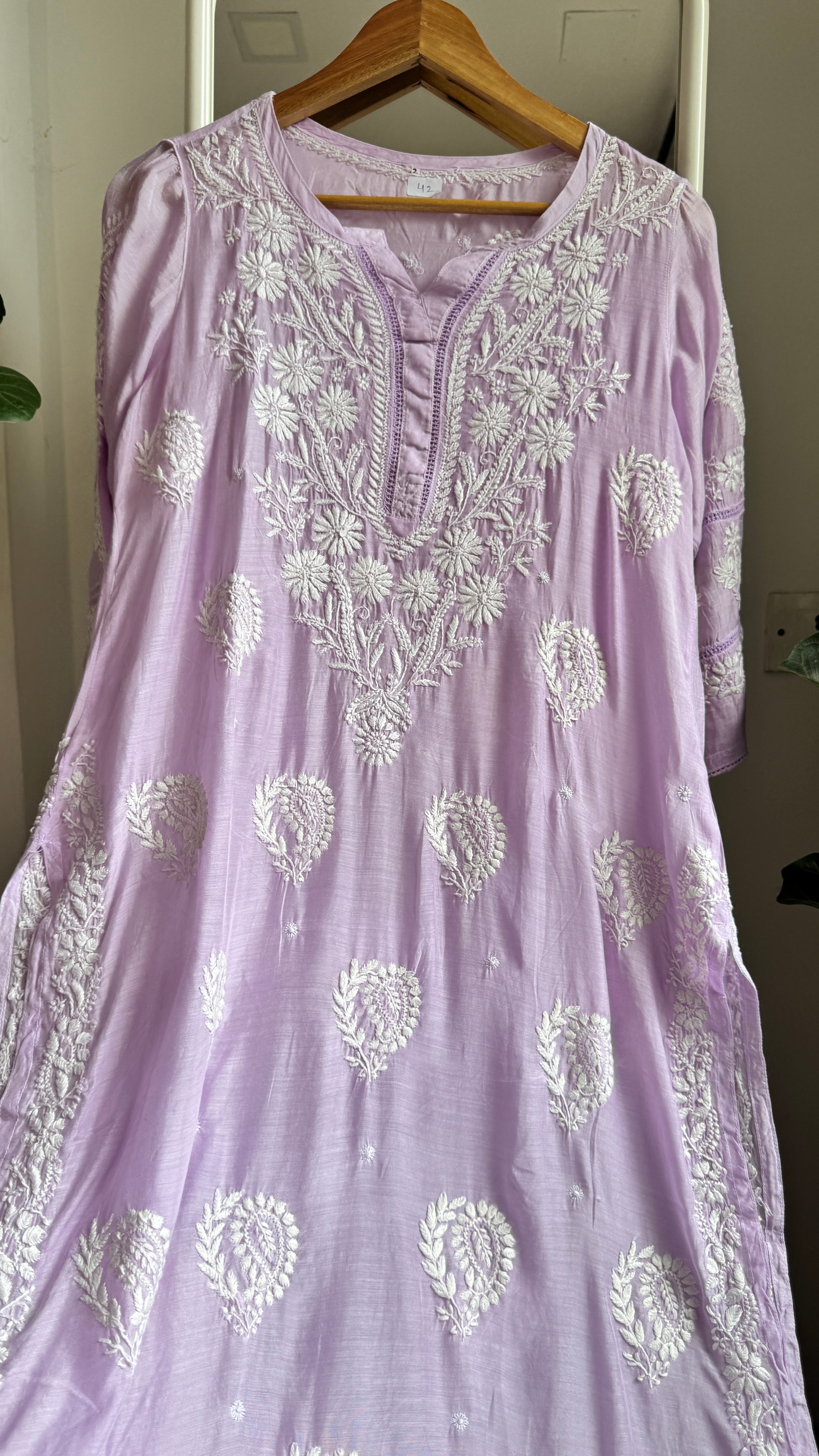 Muslin Chikankari Kurti with White Thread work - Lilac - Gulzar Collection