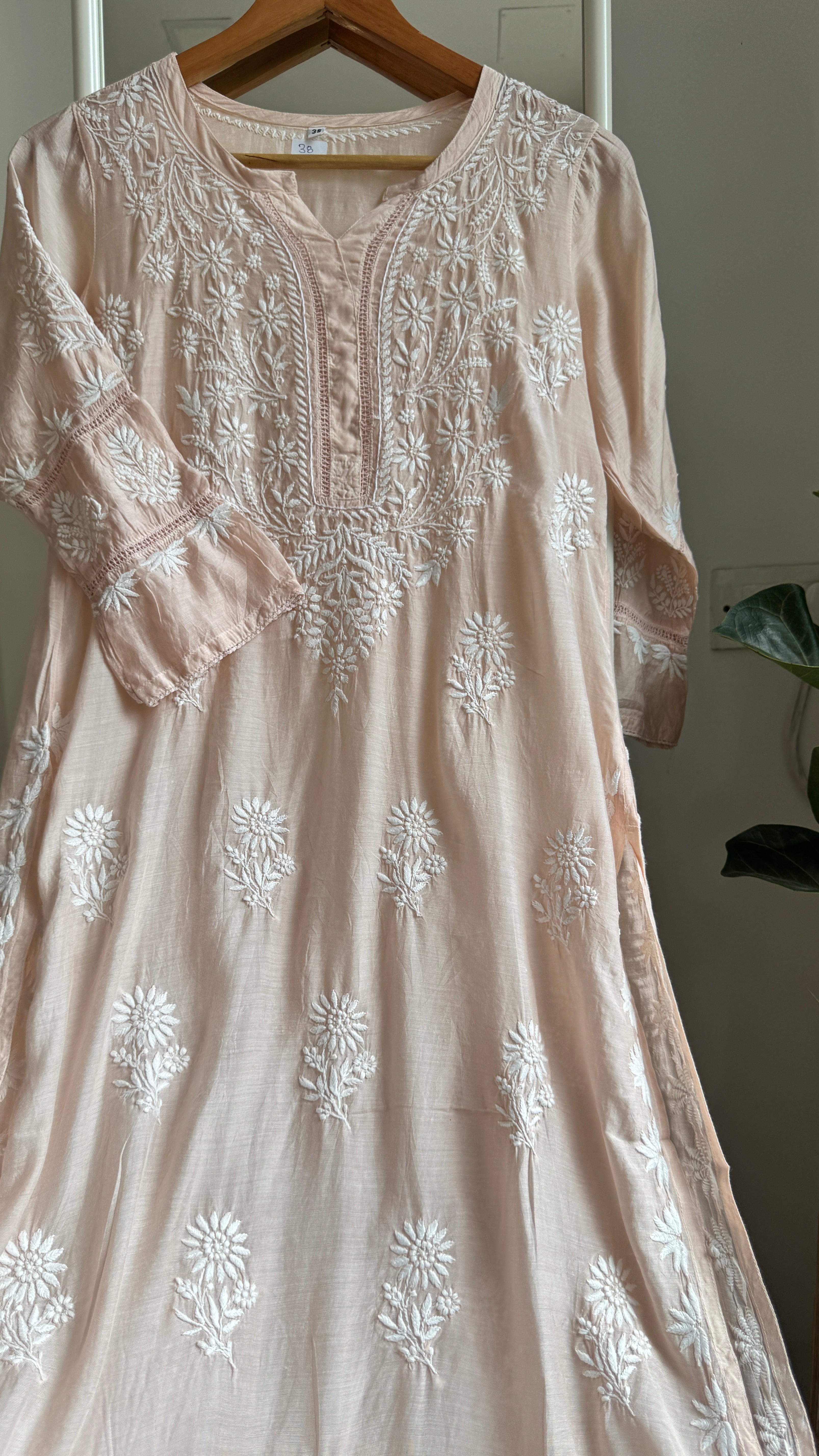 Muslin Chikankari Kurti with White Thread work - Blush Peach - Gulzar Collection