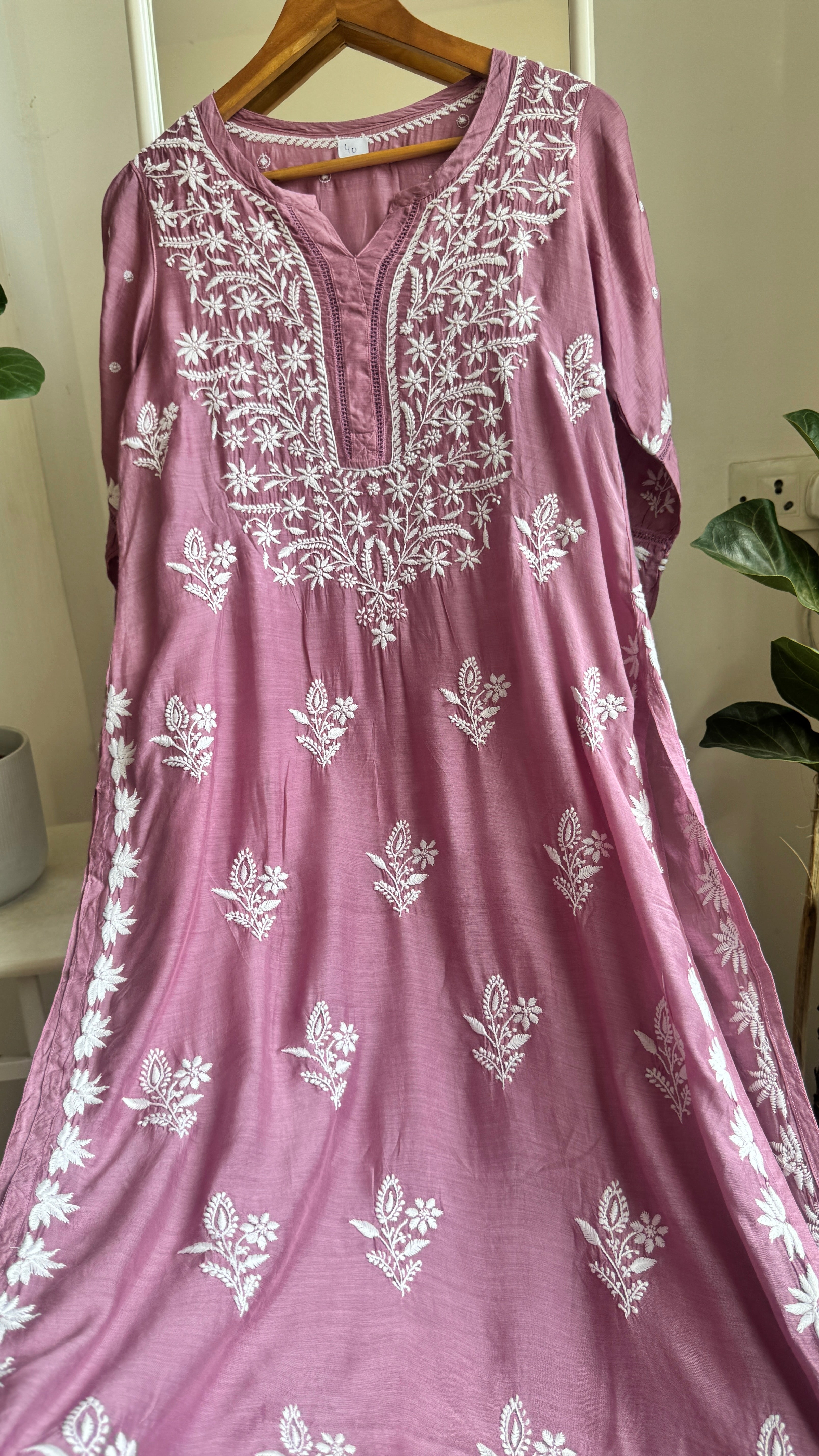 Muslin Chikankari Kurti with White Thread work - Mauve - Gulzar Collection