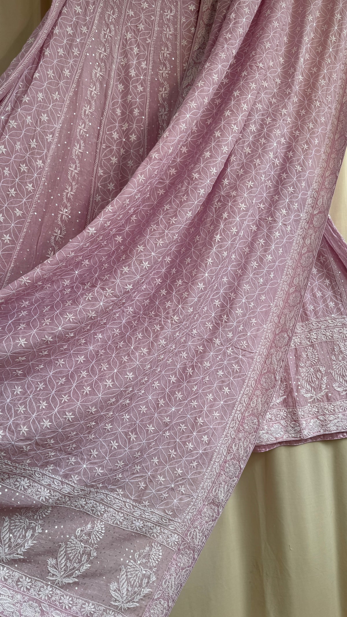 Mul Chanderi Chikankari Lehenga with Cutdana & Sequin Hand Embroidery in Mauve