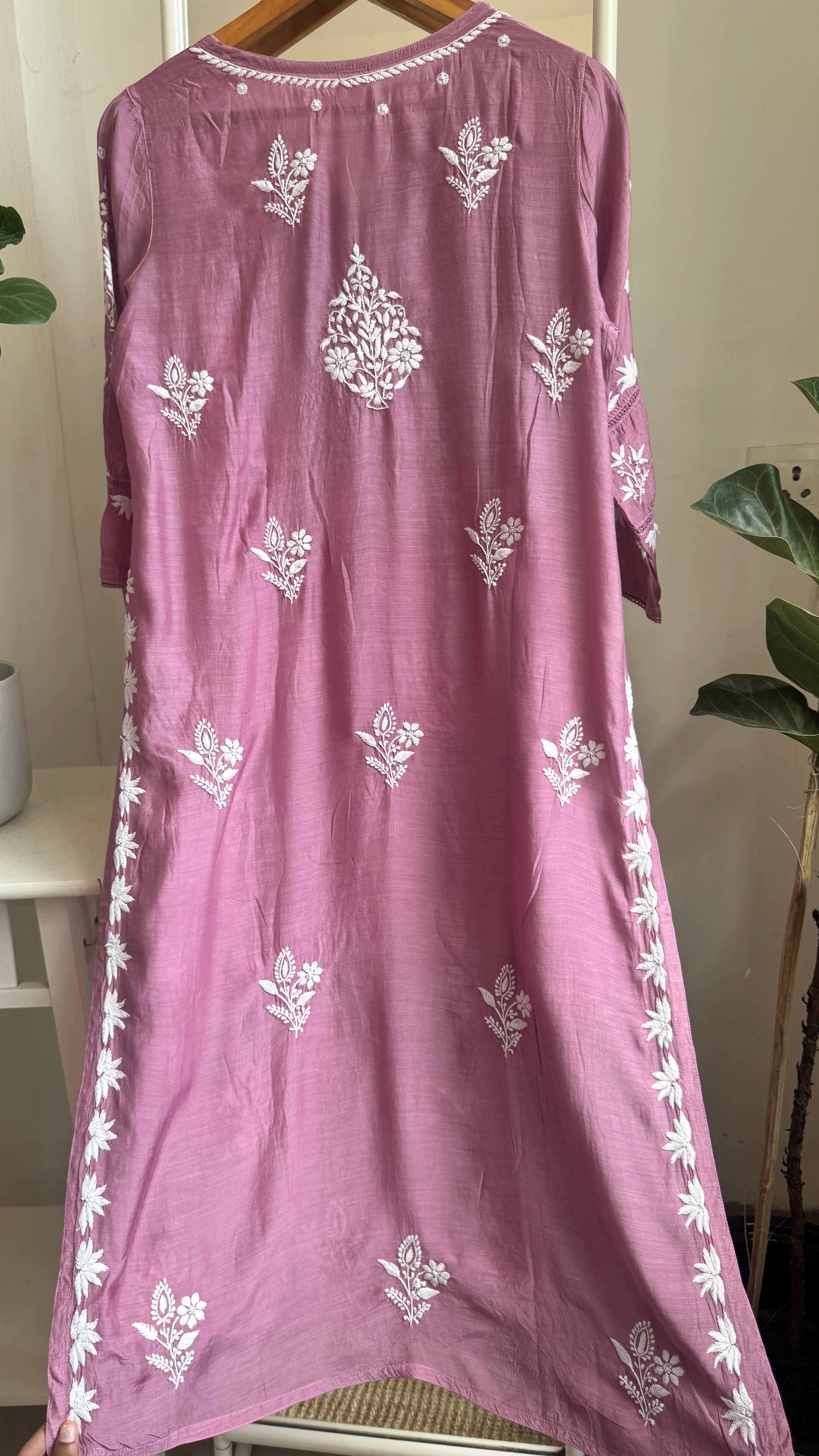 Muslin Chikankari Kurti with White Thread work - Mauve - Gulzar Collection