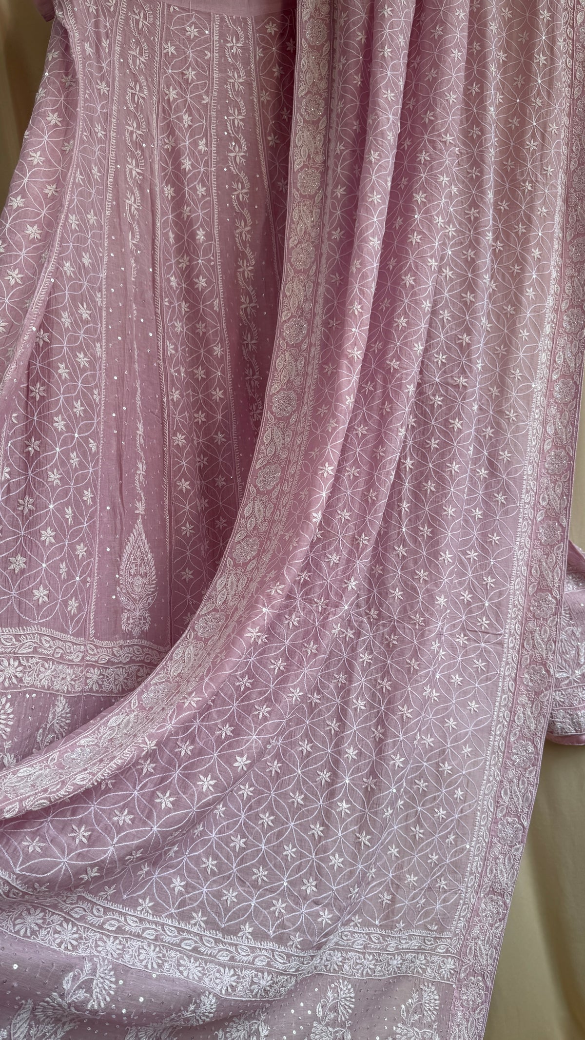 Mul Chanderi Chikankari Lehenga with Cutdana & Sequin Hand Embroidery in Mauve