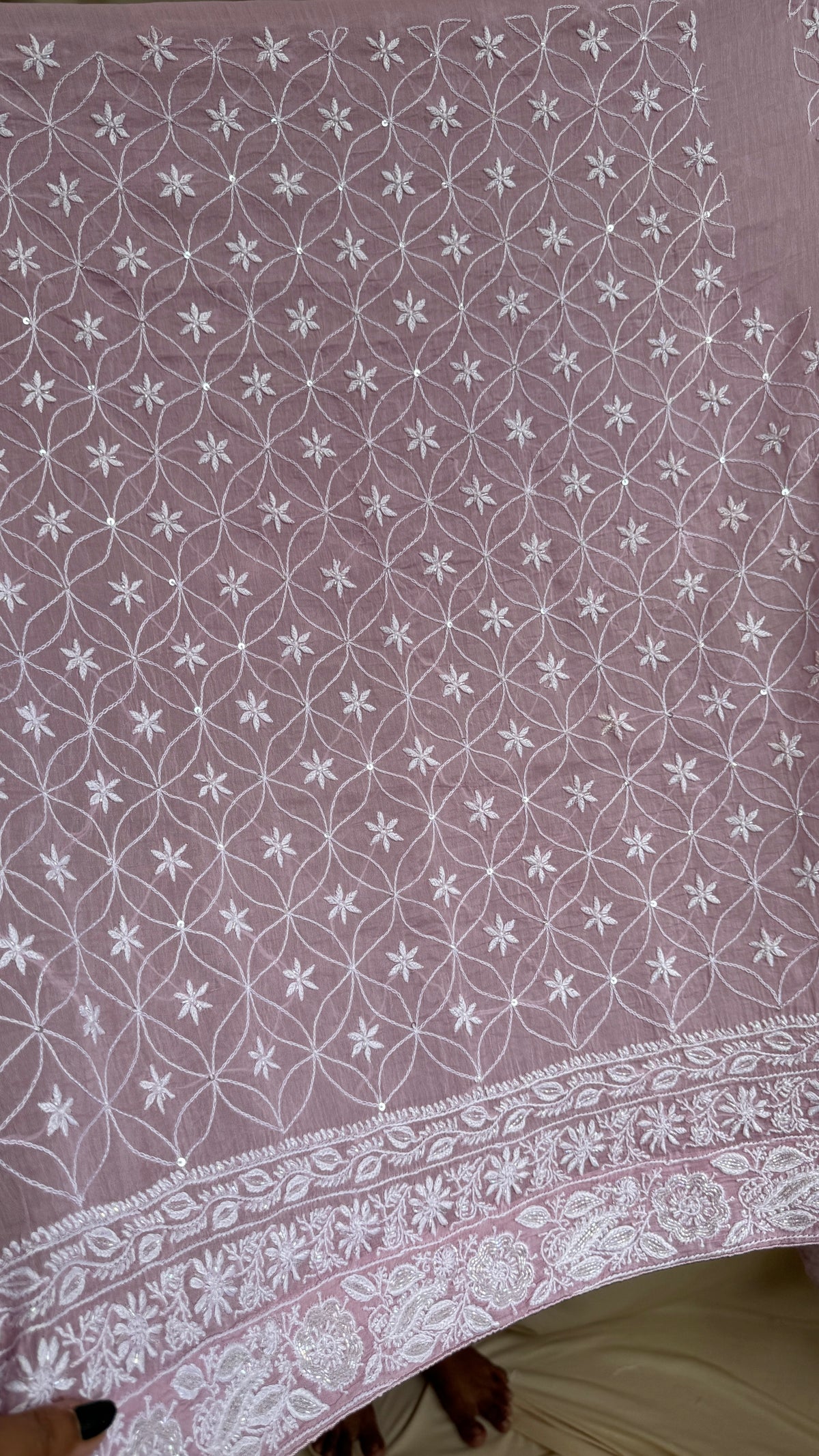 Mul Chanderi Chikankari Lehenga with Cutdana & Sequin Hand Embroidery in Mauve