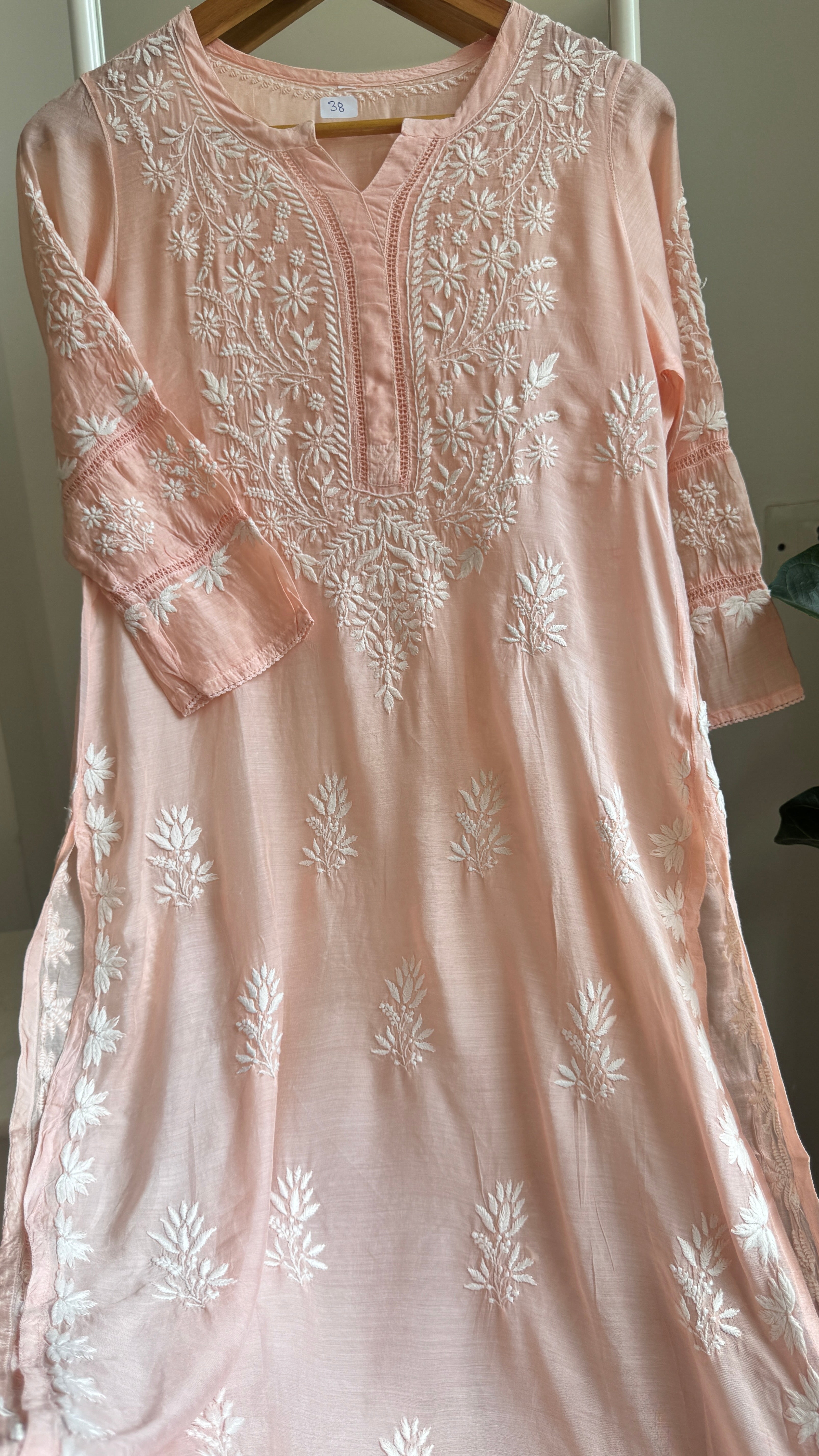 Muslin Chikankari Kurti with White Thread work - Peach - Gulzar Collection