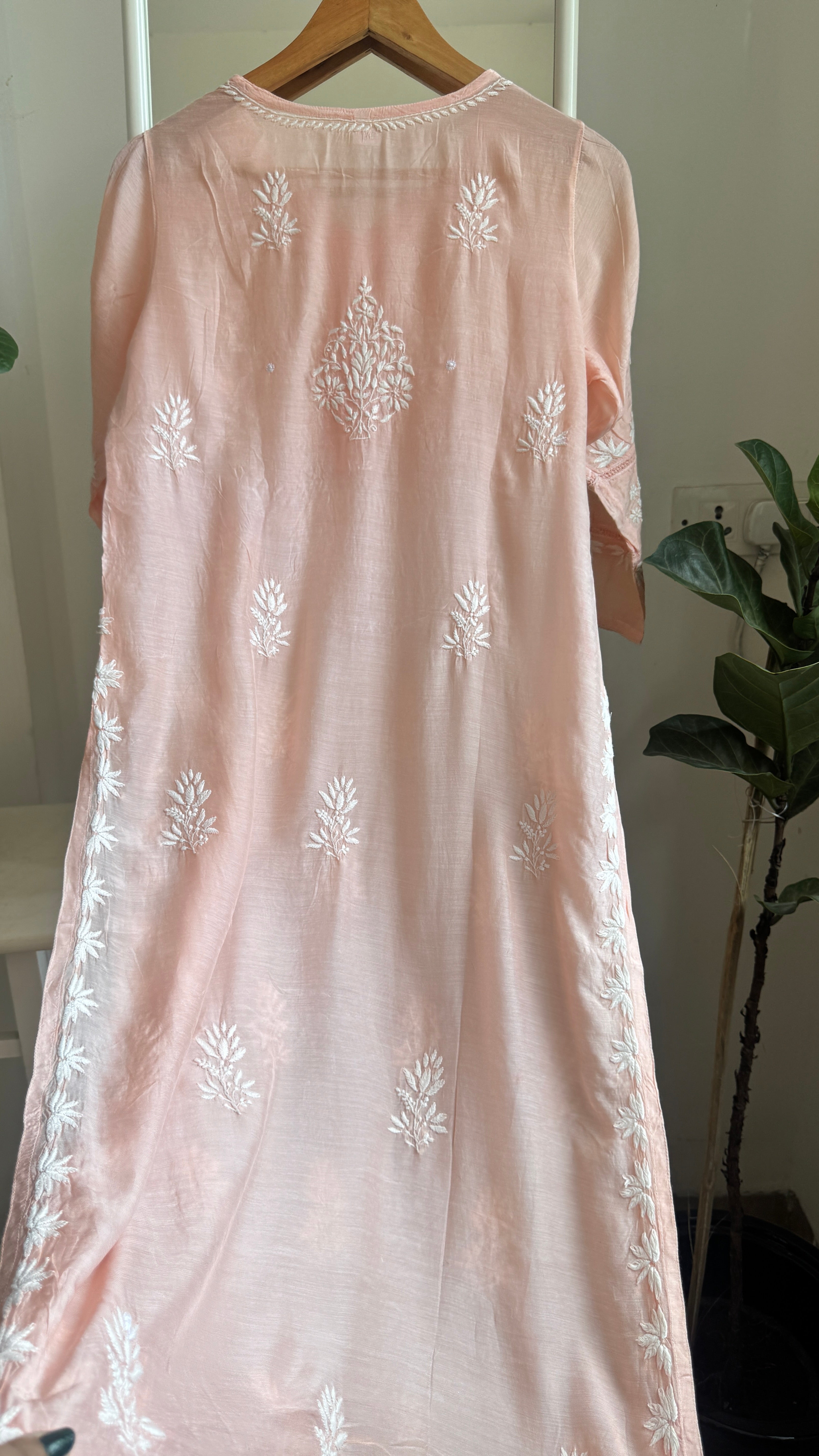 Muslin Chikankari Kurti with White Thread work - Peach - Gulzar Collection
