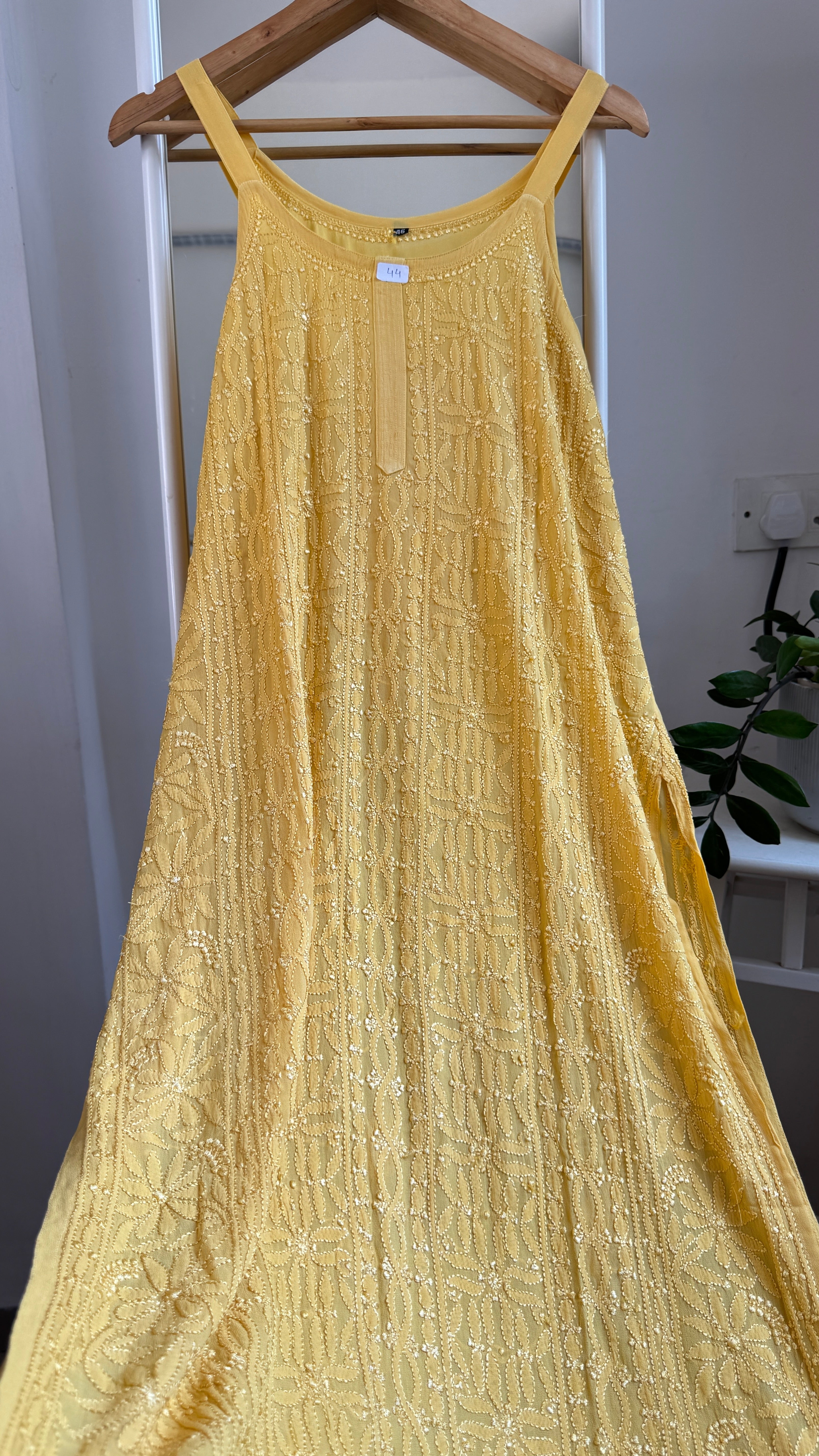 Noodle Strap Chikankari Kurti Long - Yellow -Rose Collection