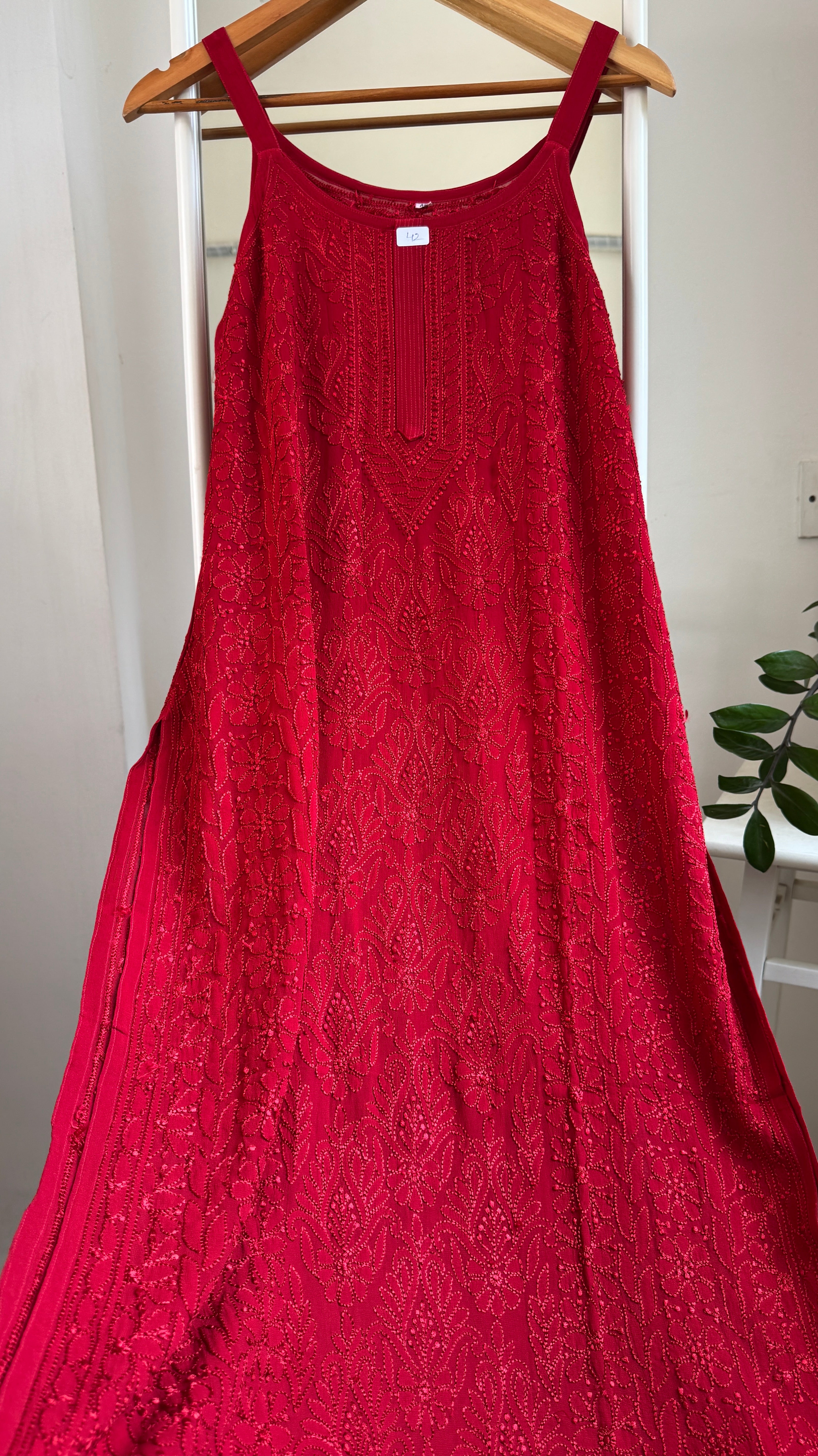 Noodle Strap Chikankari Kurti Long - Red -Rose Collection