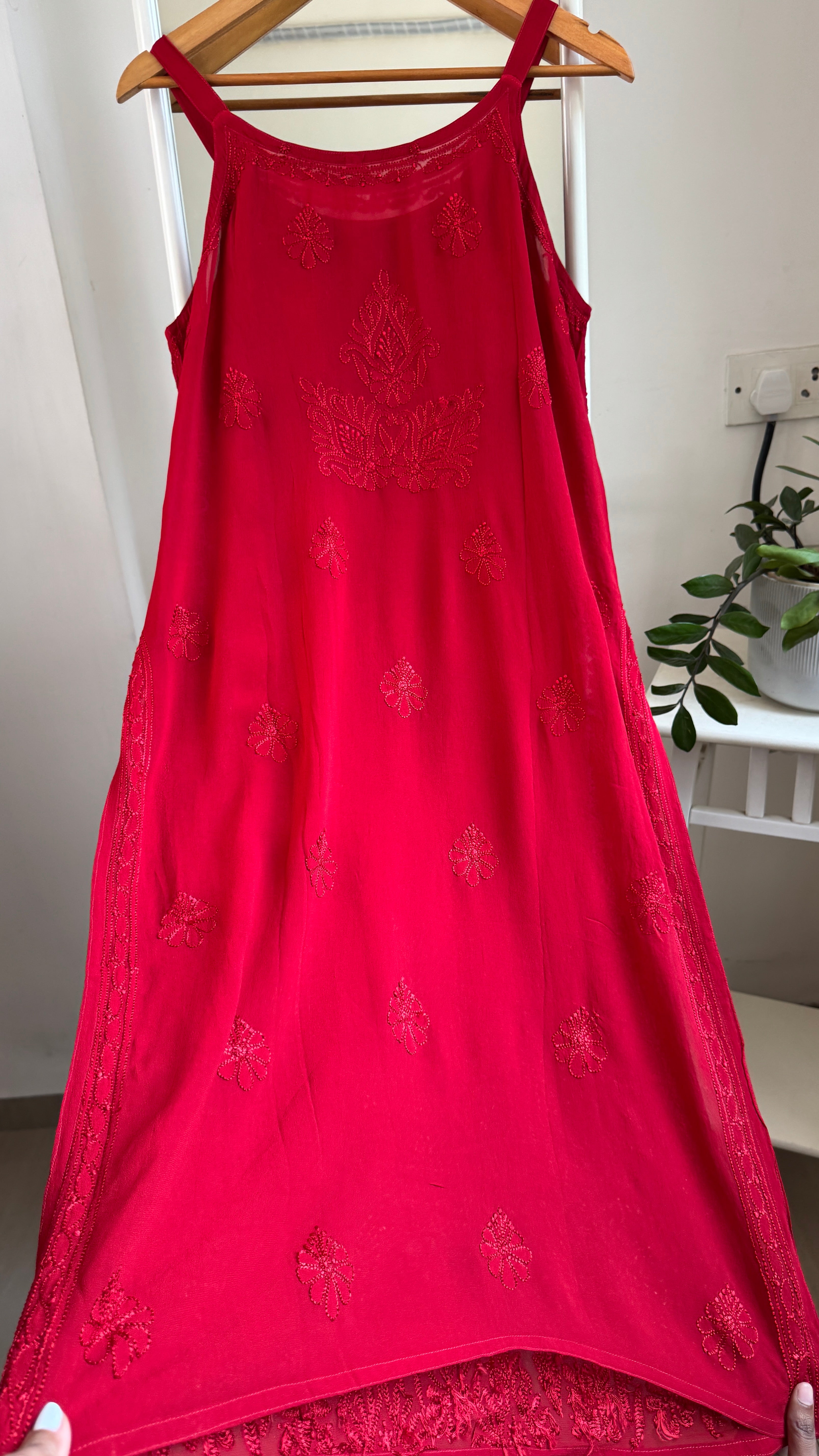 Noodle Strap Chikankari Kurti Long - Red -Rose Collection